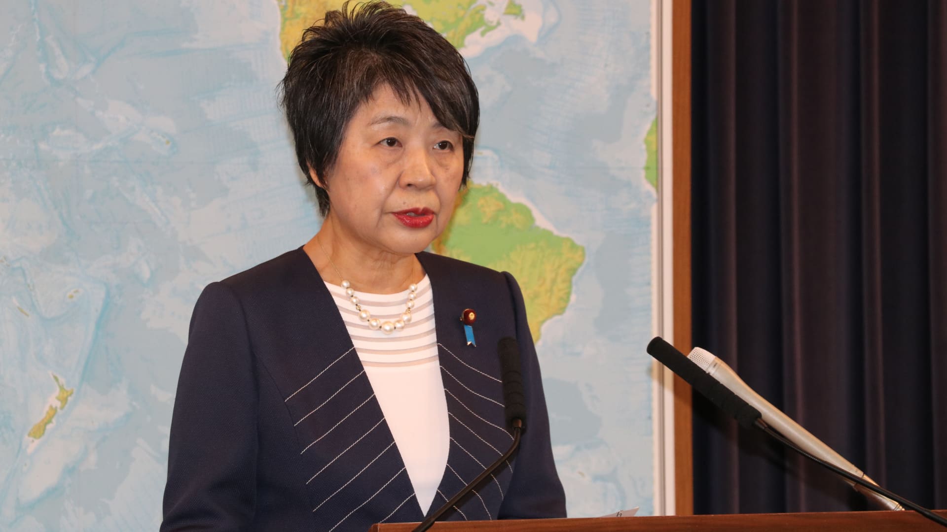 Japanese Foreign Minister Yoko Kamikawa speaks during a press conference as she announced to resume funding to the UN agency for refugees in Palestine, or the UNRWA, Kyodo news agency reported, in Tokyo, Japan on April 2, 2024.