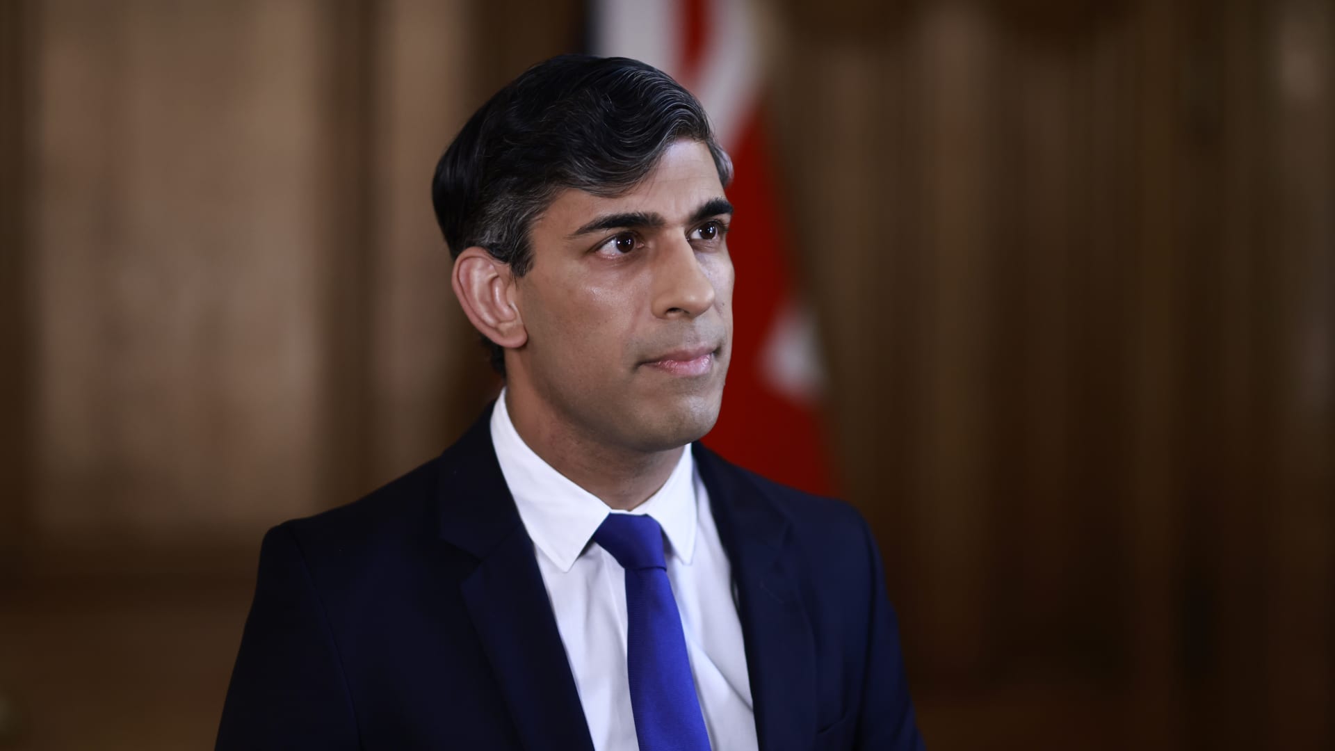 Britain's Prime Minister Rishi Sunak records a statement about the Iranian attacks on Israel overnight, at 10 Downing Street on April 14, 2024 in London, England.