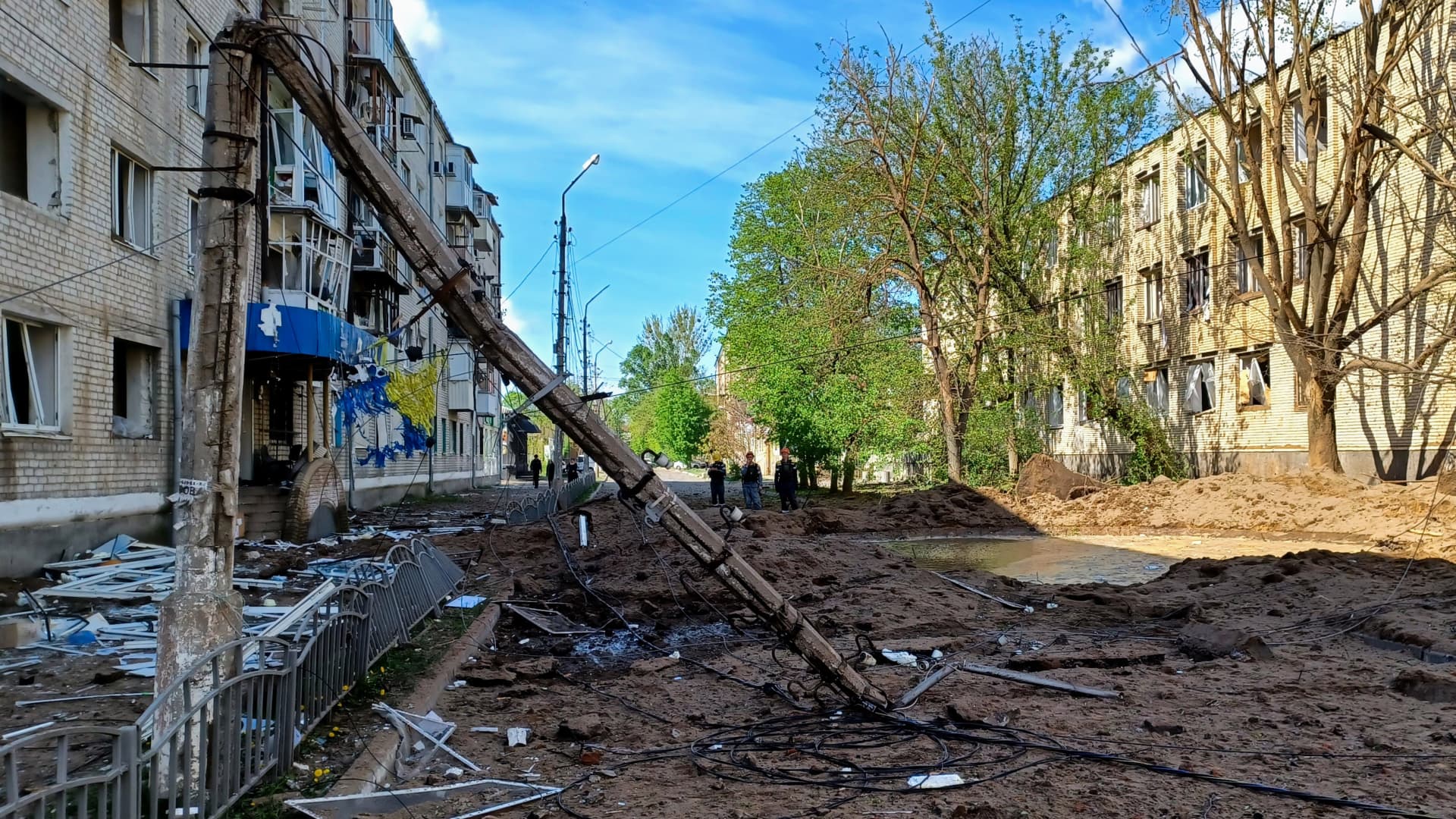 A five-story residential building is damaged by a missile strike on April 15, 2024 in Sloviansk, Donetsk Oblast, Ukraine.