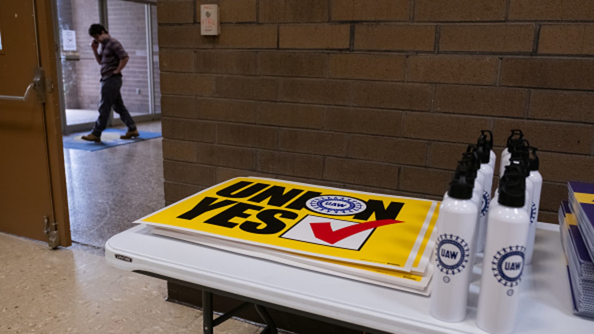 UAW signs and water bottles are shown inside the I.B.E.W. building in Chattanooga, Tennessee on April 10, 2024. 