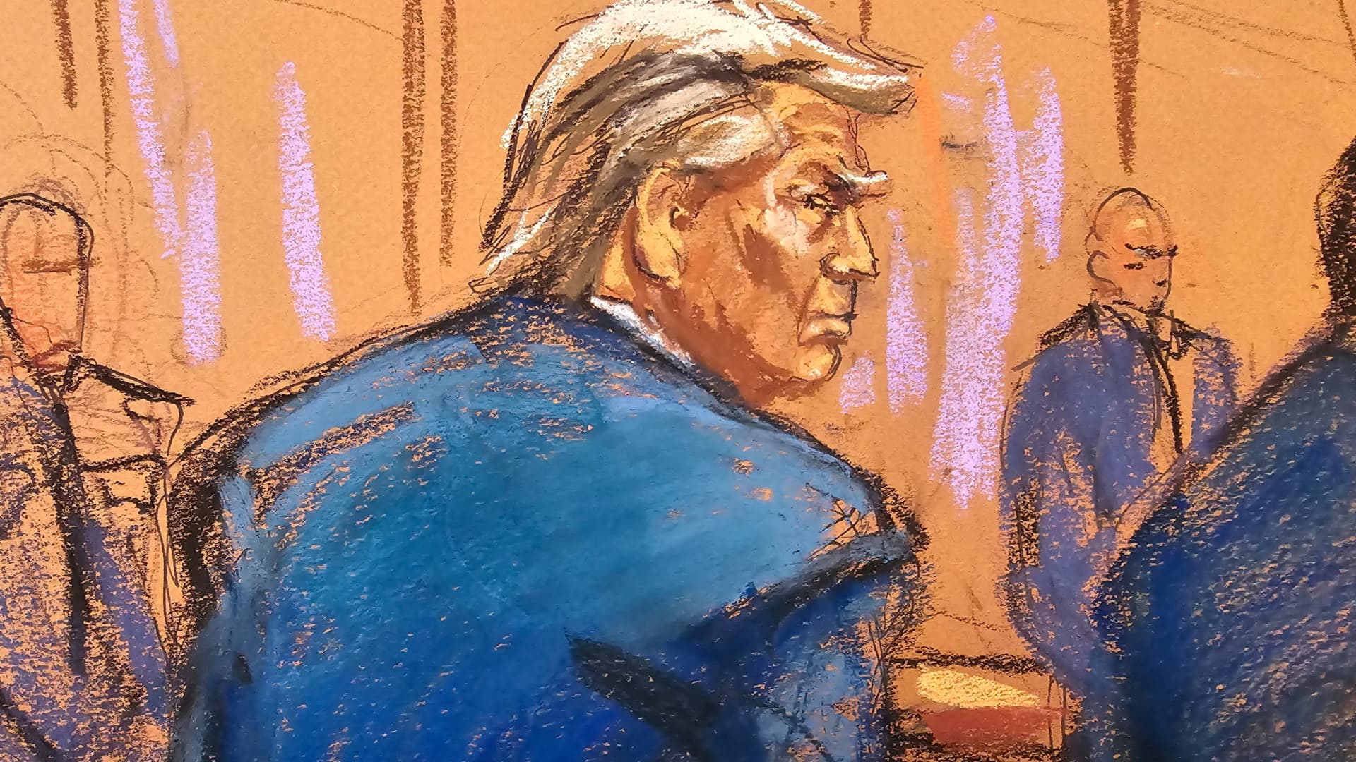 In this courtroom sketch, former U.S. President Donald Trump enters the courtroom at the beginning of his trial over charges that he falsified business records to conceal money paid to silence porn star Stormy Daniels in 2016, in Manhattan state court in New York City on April 15, 2024