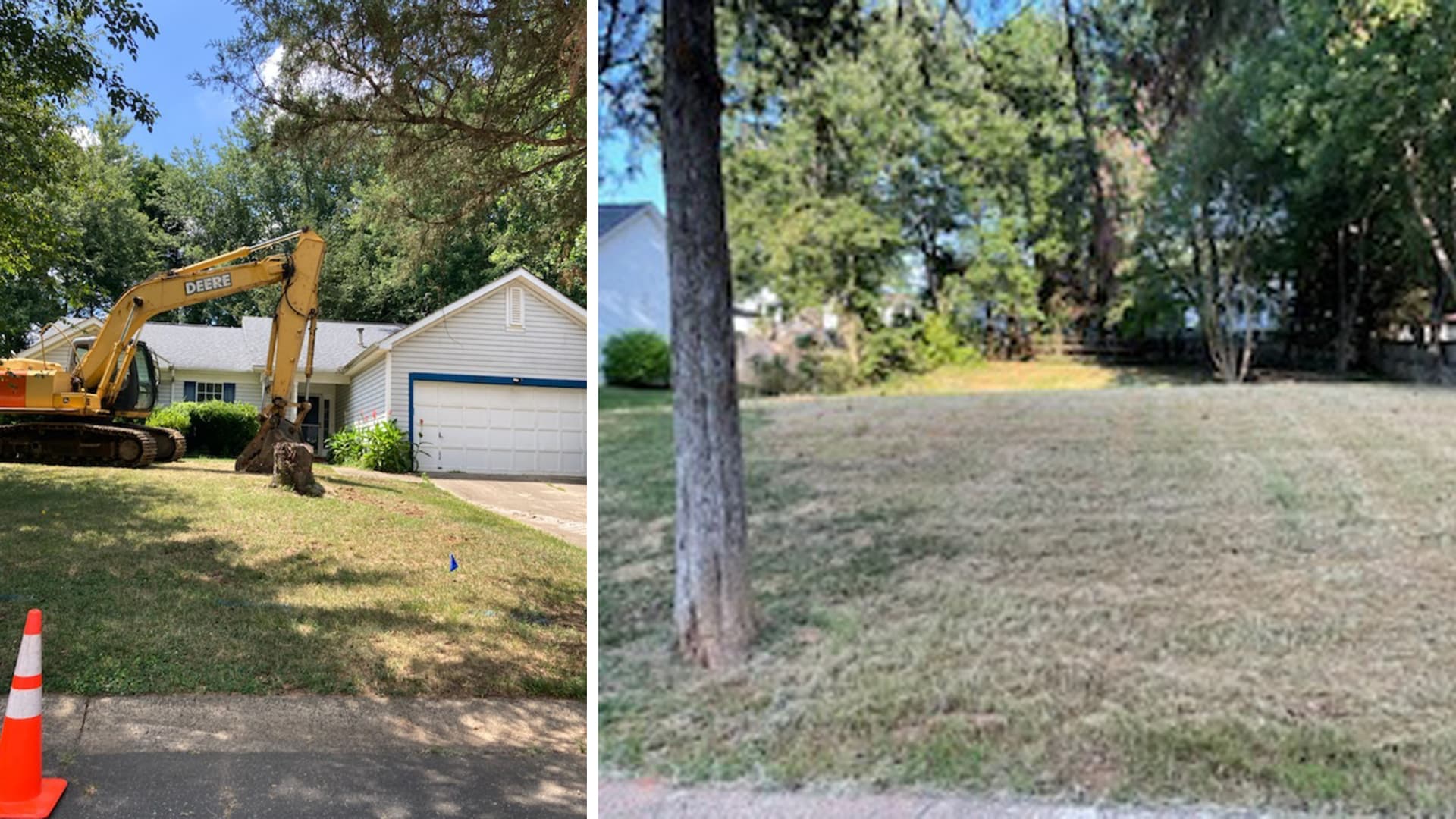 The image on the left shows the former home of Andrea Jones before it was demolished following a floodplain buyout. The image on the right is how the land looks now.
