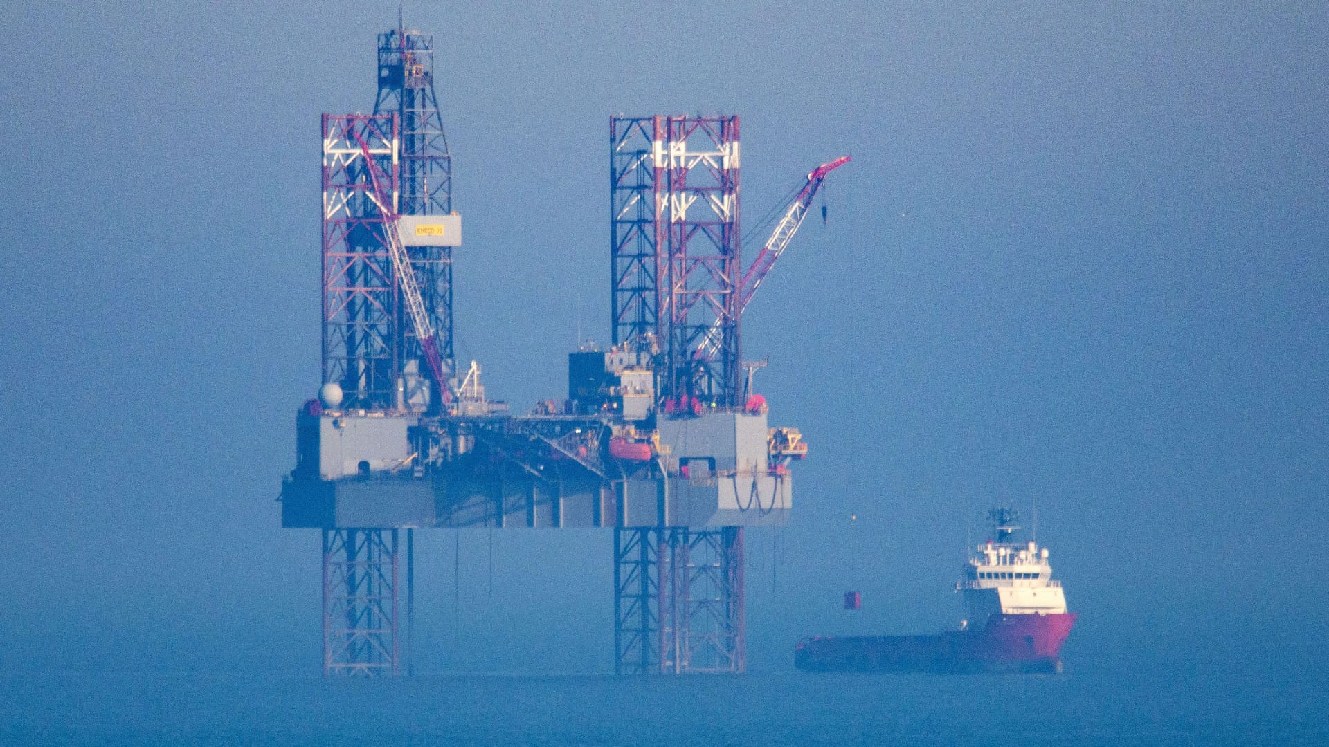 ENSCO-72 drilling rig working in Poole Bay for Corallian Energy in Poole Bay, England, on Feb. 15, 2019.