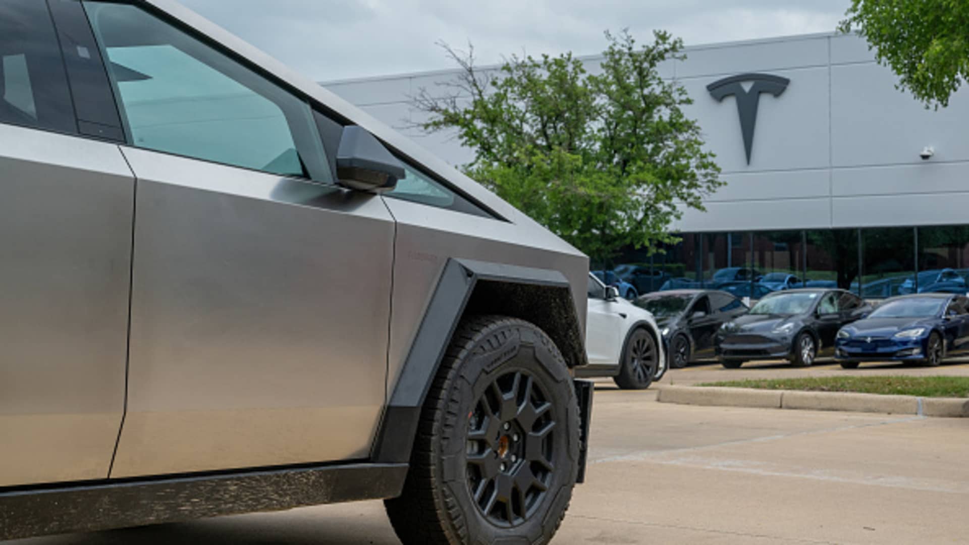 A Tesla Cybertruck sits on a lot at a Tesla dealership on April 15, 2024 in Austin, Texas. 