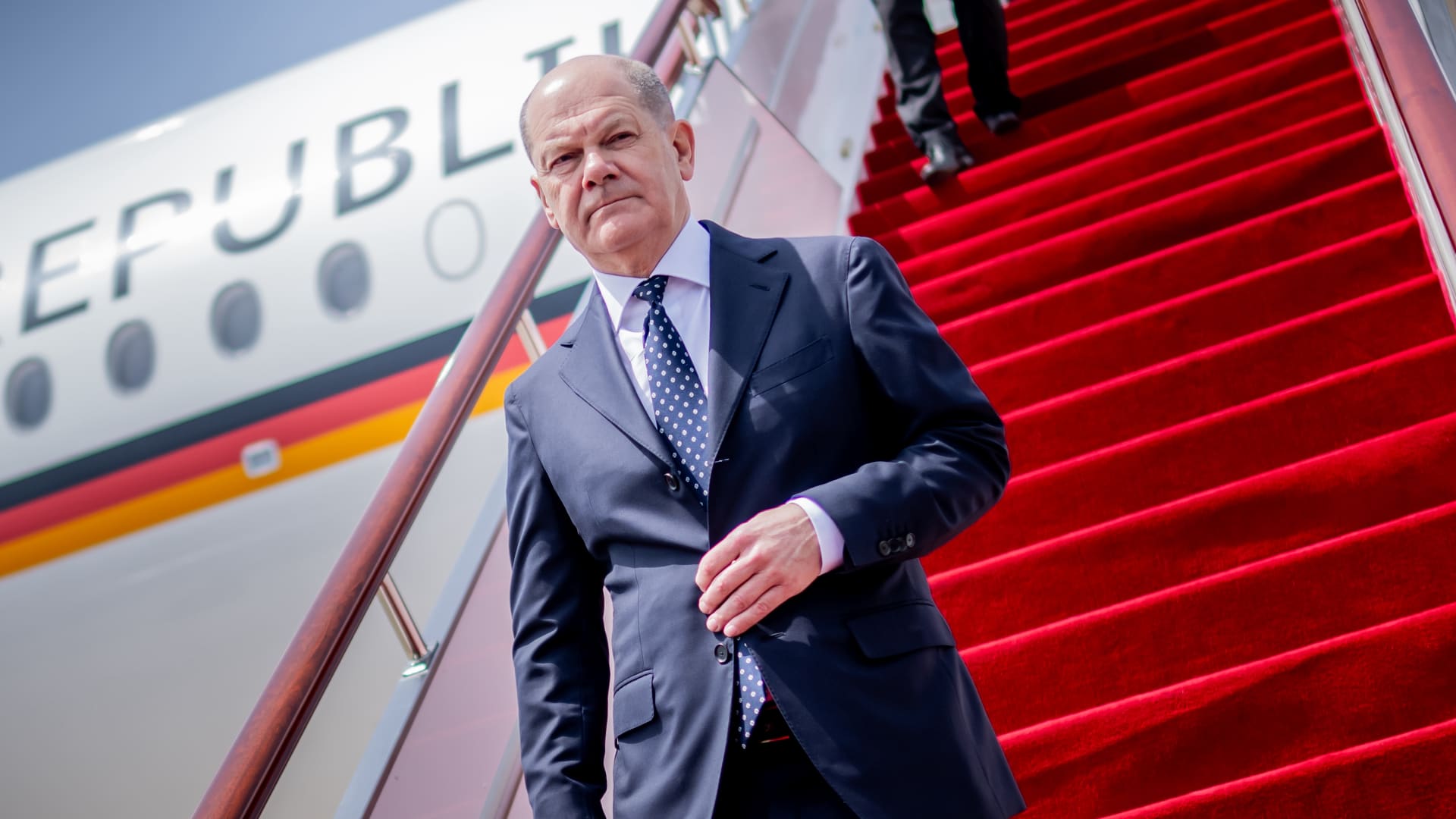 German Chancellor Olaf Scholz arrives at Shanghai airport in April, 2024. Scholz is on a three-day trip to China and will meet President Xi in Beijing at the end of the trip.