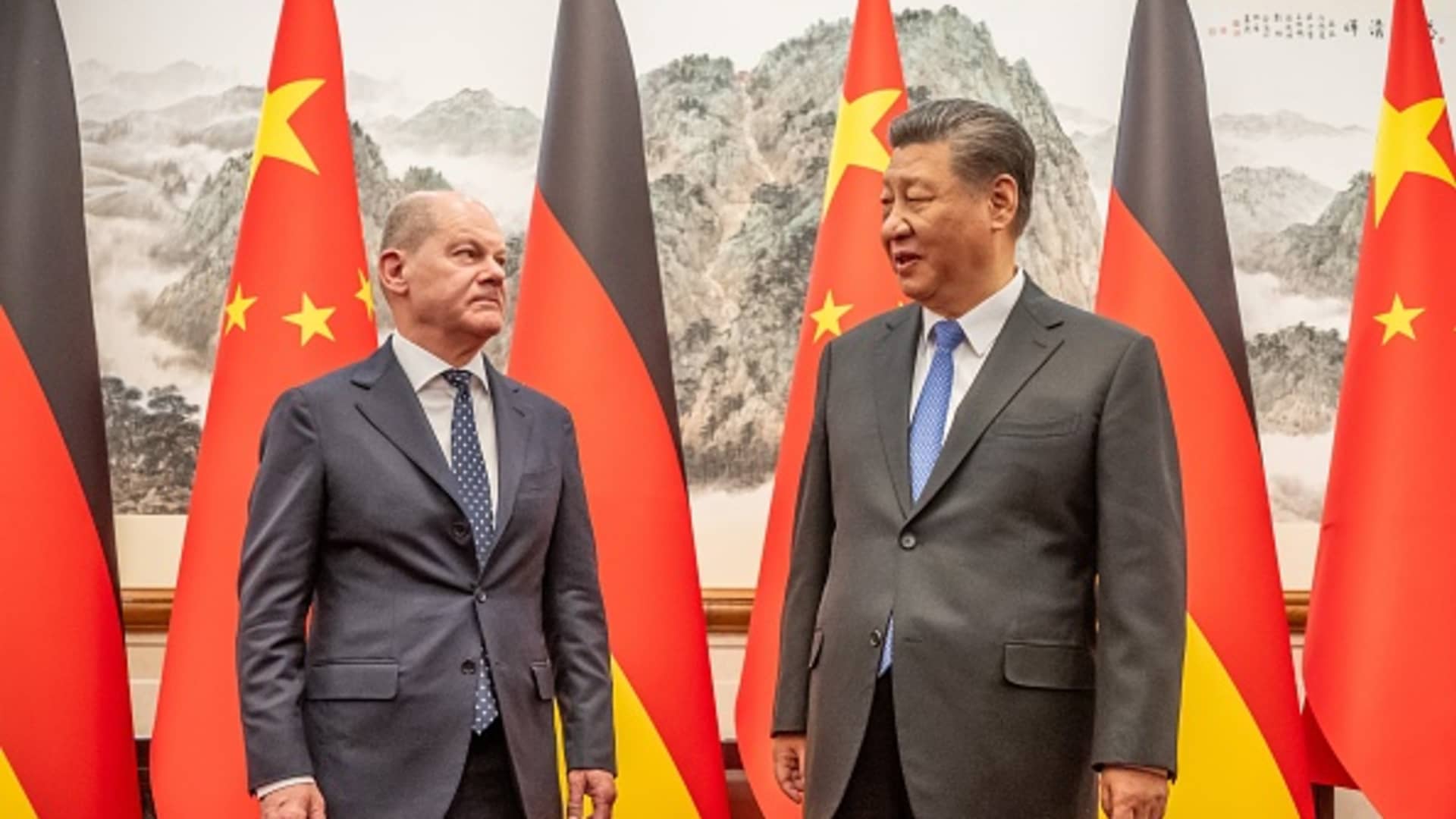 German Chancellor Olaf Scholz is received by Xi Jinping, the president of China, at the State Guest House. The visit to Xi is the highlight of Scholz's three-day trip through China.