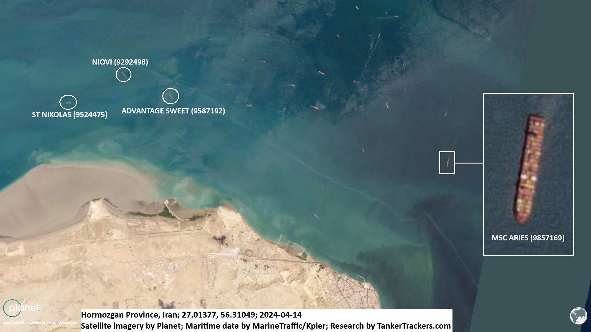 A Planet Labs satellite image of the location of the MSC Aries and other tankers recently hijacked by Iran.