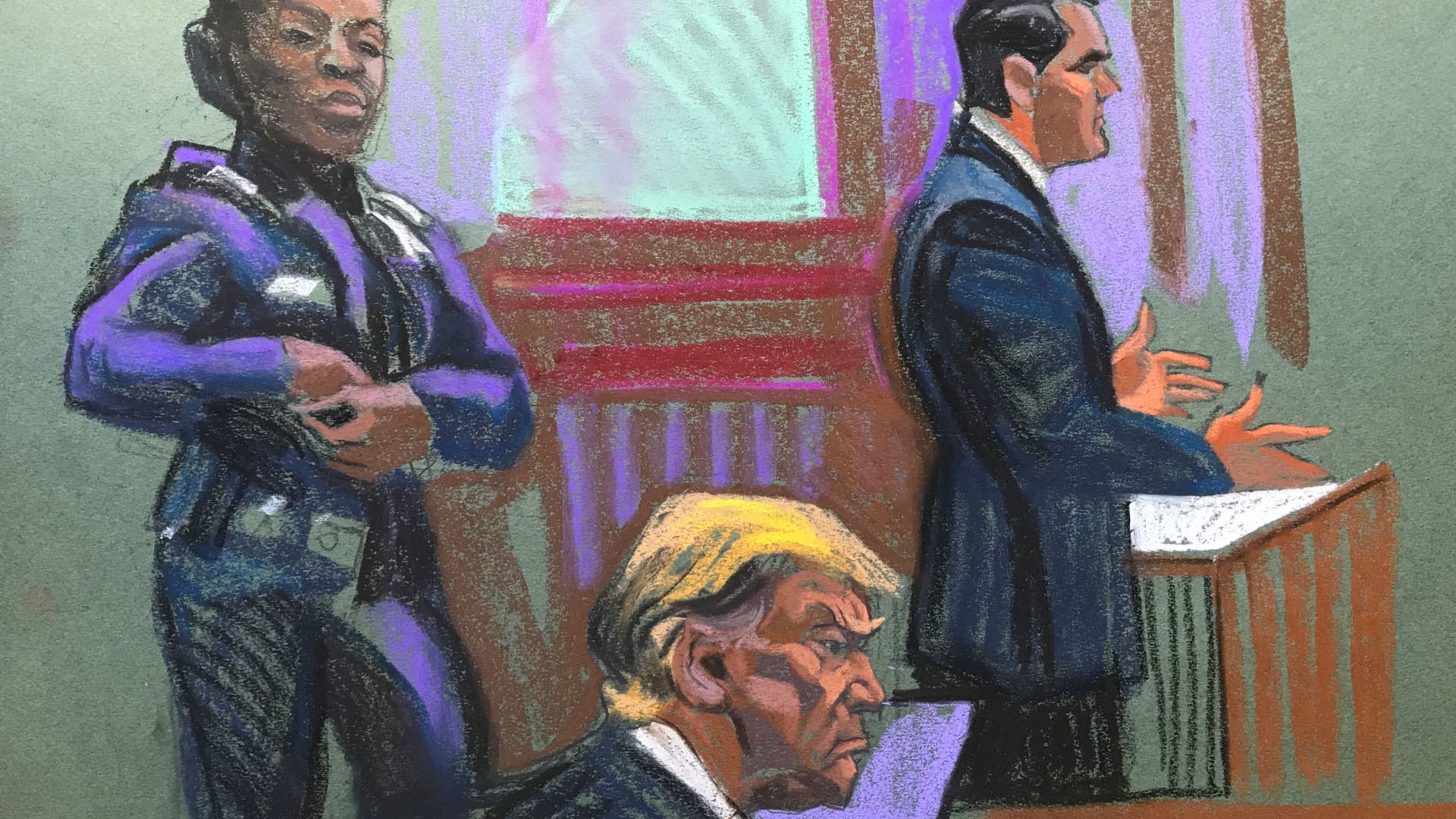 Former US President Donald Trump sits while his lawyer Todd Blanche speaks during the second day of jury selection in his hush money criminal trial in Manhattan Criminal Court in New York City, New York, U.S. April 16, 2024, in this court sketch.