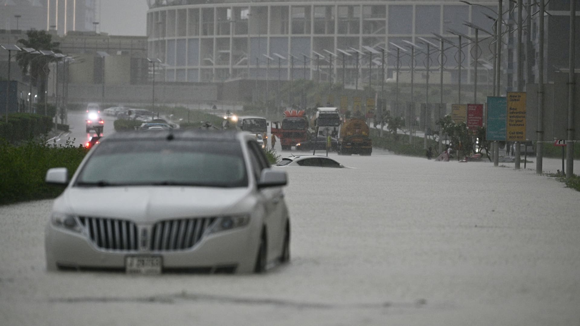 Vehicles on flooded streets due to heavy rain in Dubai, United Arab Emirates on April 16, 2024.