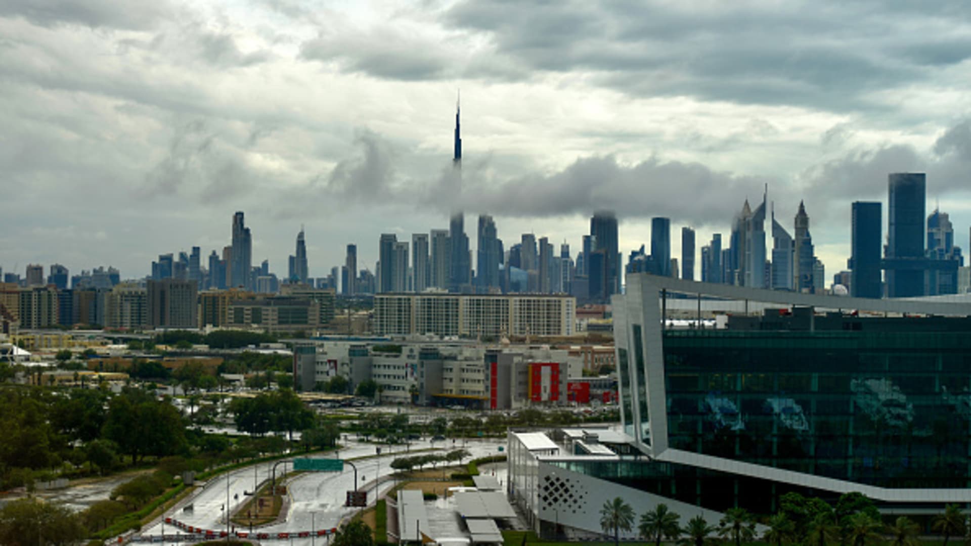 A view of the street after heavy rainfall as adverse weather conditions affect daily life in Dubai.