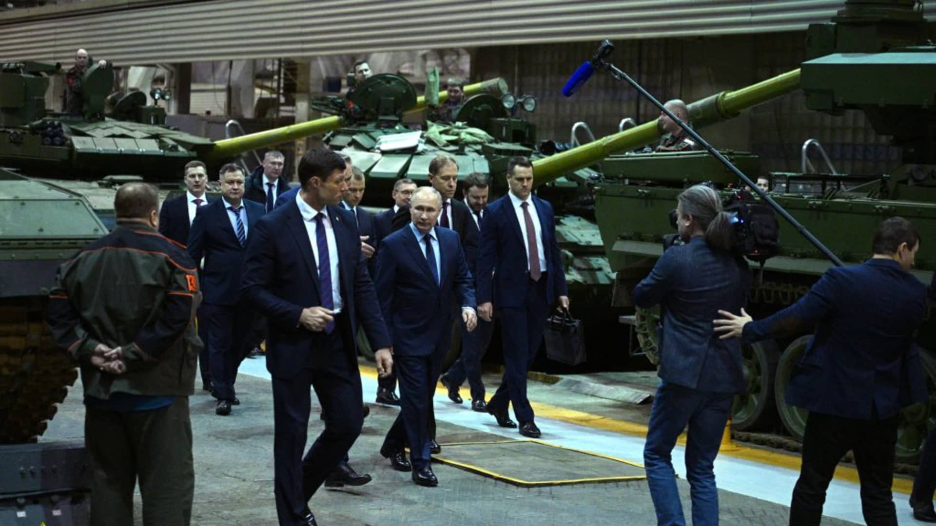 In this pool photograph distributed by Russian state agency Sputnik, Russia's President Vladimir Putin visits Uralvagonzavod, the country's main tank factory in the Urals, in Nizhny Tagil, on Feb. 15, 2024.