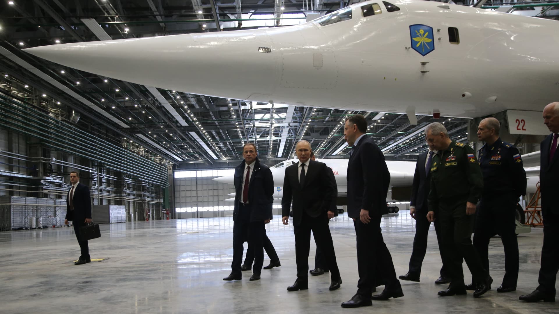Russian President Vladimir Putin observes a Tupolev TU-160 strategic jet bomber while visiting an aviation plant on Feb. 21, 2024, in Kazan, Russia.