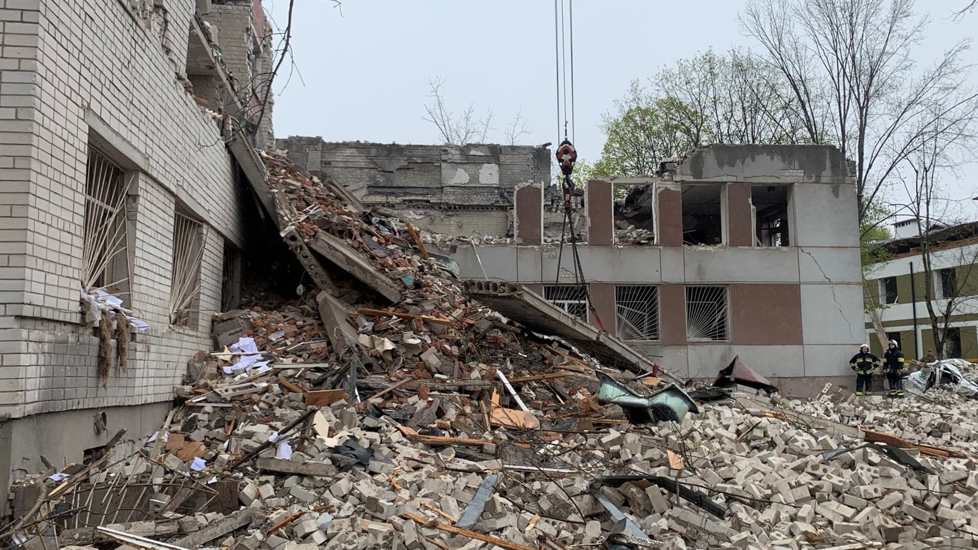 This photograph taken on April 17, 2024 shows the rubble of a destroyed building following a missile attack in Chernihiv.