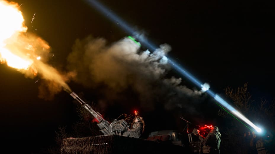 UKRAINE - APRIL 16: Soldiers of the Armed Forces of Ukraine from the unit of the mobile air defense group shoot down enemy drones using the ZU-23-2 Soviet 23-mm twin anti-aircraft gun on April 16, 2024 in an undisclosed location in Ukraine. (Photo by Kostiantyn Liberov/Libkos/Getty Images)