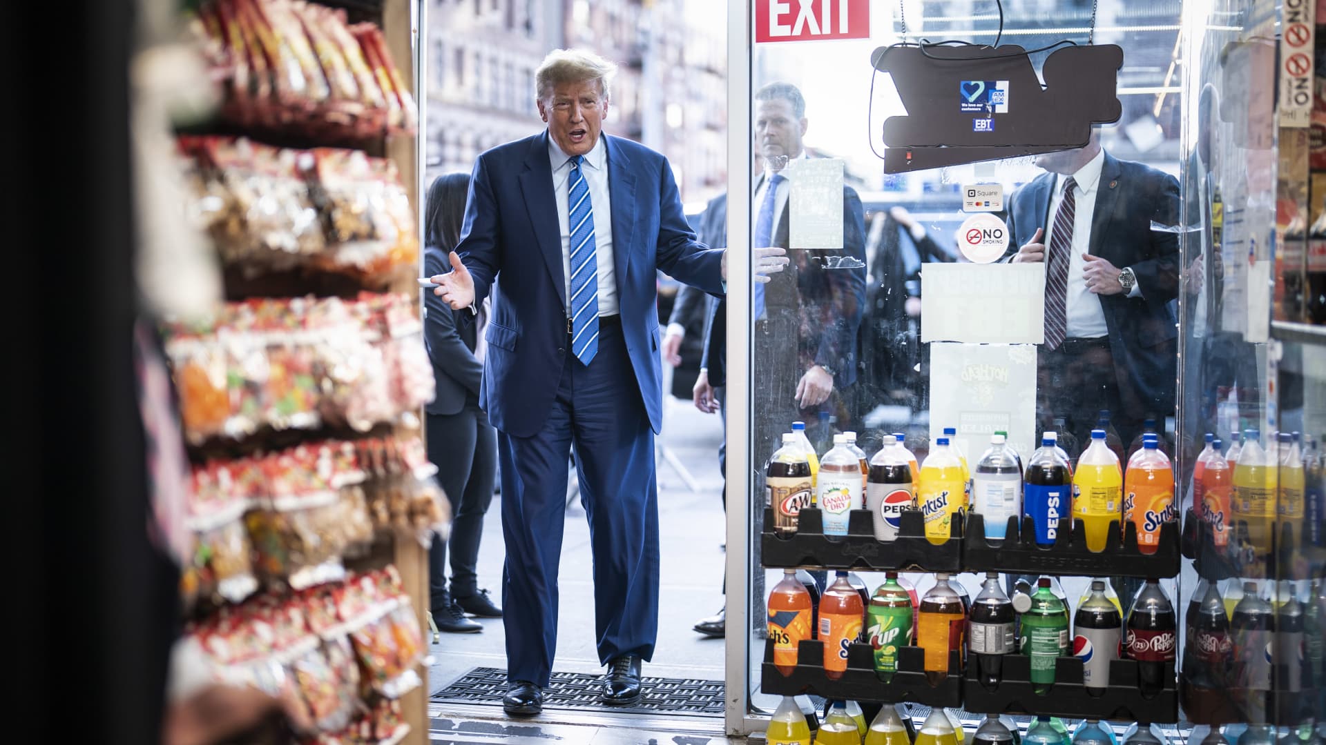 Former President Donald Trump visits Sanaa convenient store, a bodega in upper Manhattan, minutes after leaving Manhattan criminal court, in New York, NY on Tuesday, April 16, 2024.