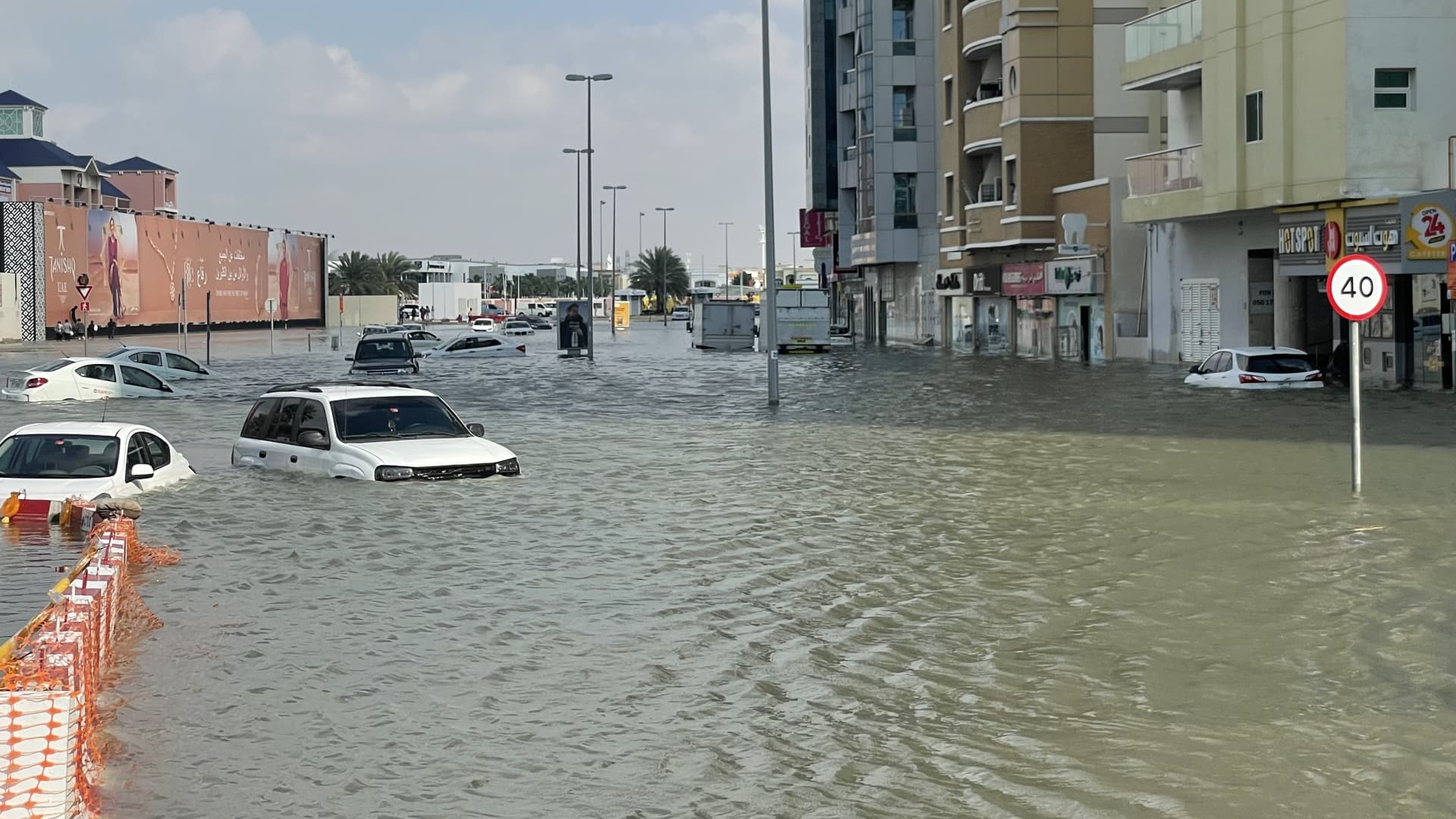 A general view of the stranded cars in the flooded area after heavy rainfall as heavy rains negatively affect daily life in Dubai, United Arab Emirates on April 17, 2024. 