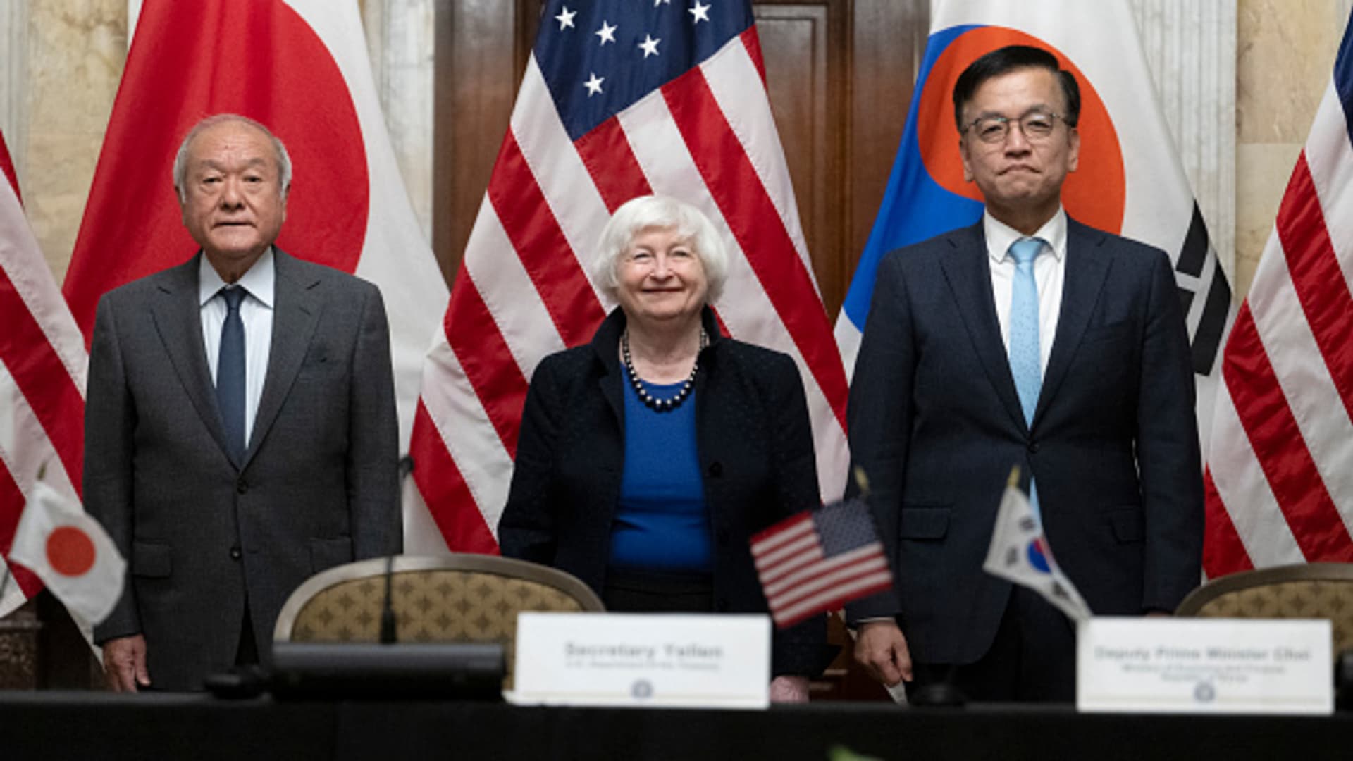 US Secretary of Treasury Janet Yellen (C) meets with Japan's Finance Minister Shun'ichi Suzuki (L) and Korea's Economy Minister Choi Sang-mok at the Treasury Department in Washington, DC, on April 17, 2024.