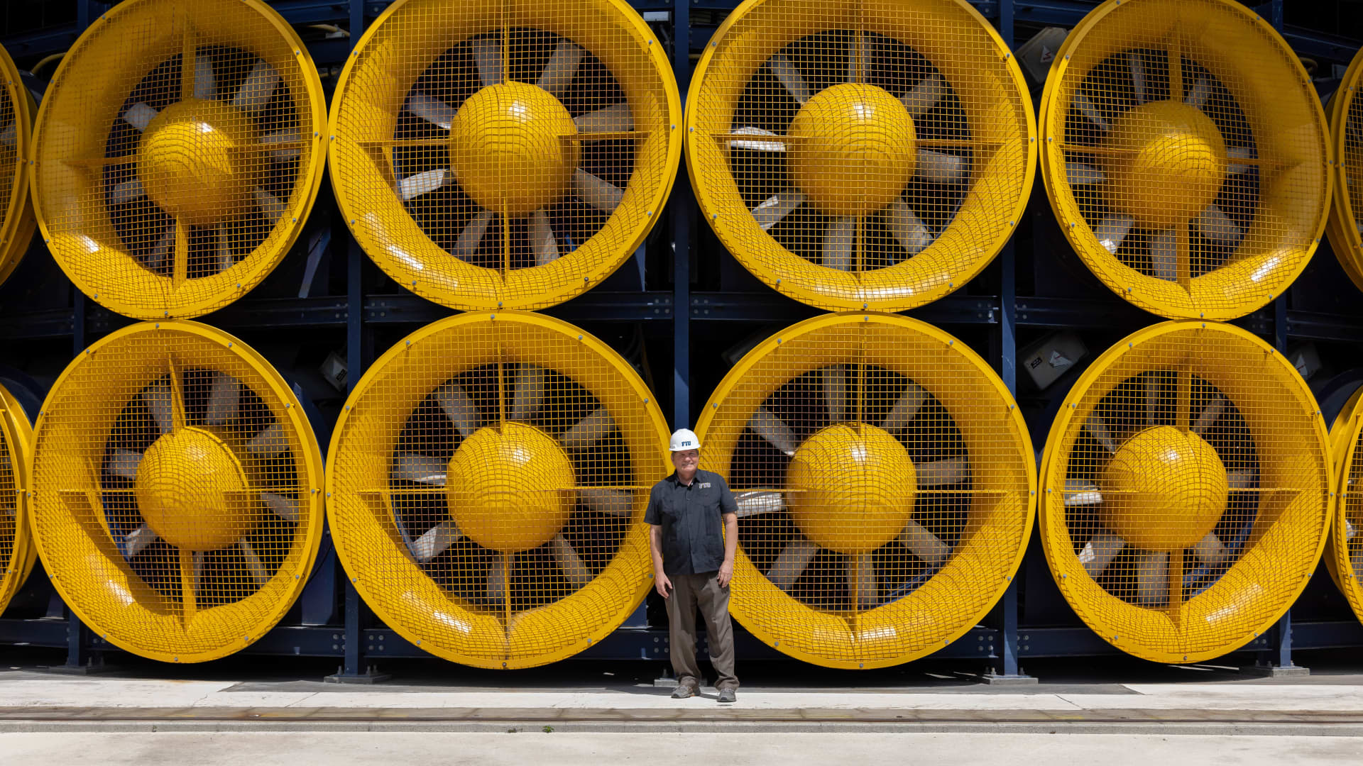 Erik Salna at the Wall of Wind facility, which simulates conditions of a Category 5 hurricane.