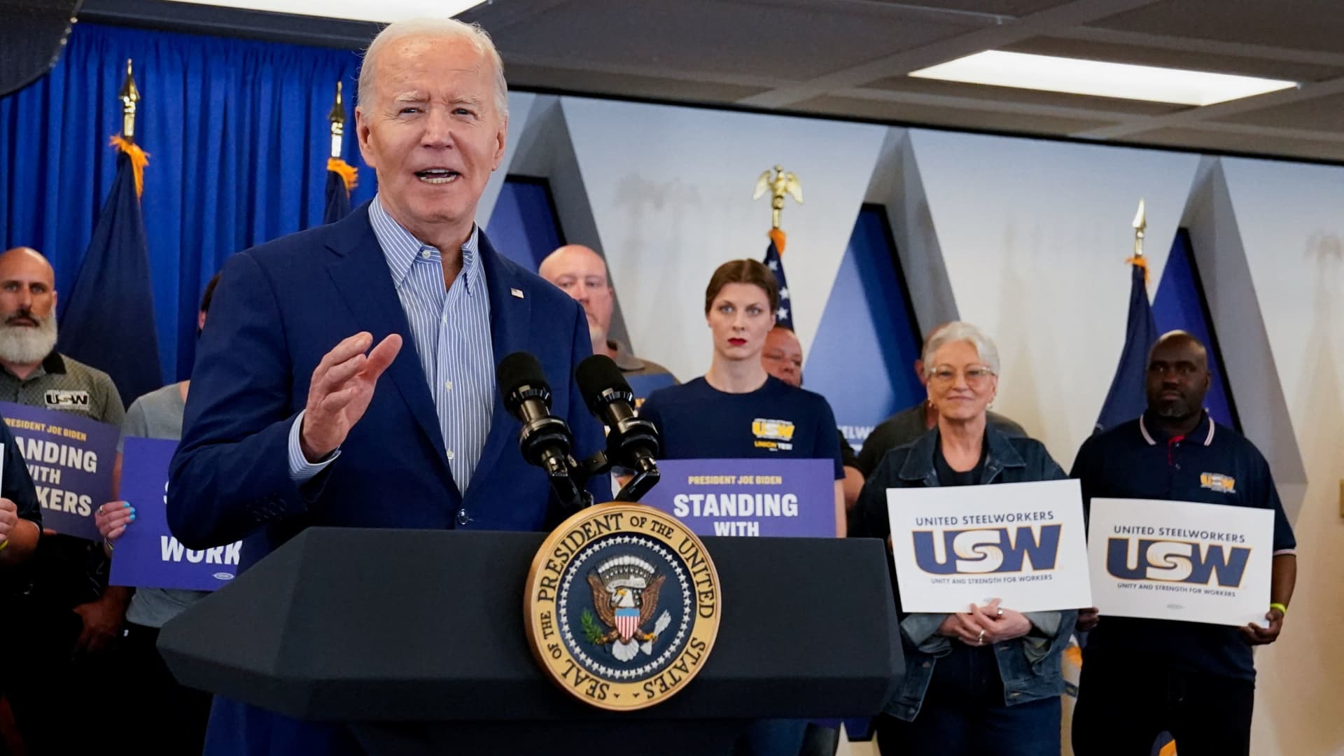 U.S. President Joe Biden delivers remarks at United Steel Workers headquarters in Pittsburgh, Pennsylvania, U.S., April 17, 2024. 
