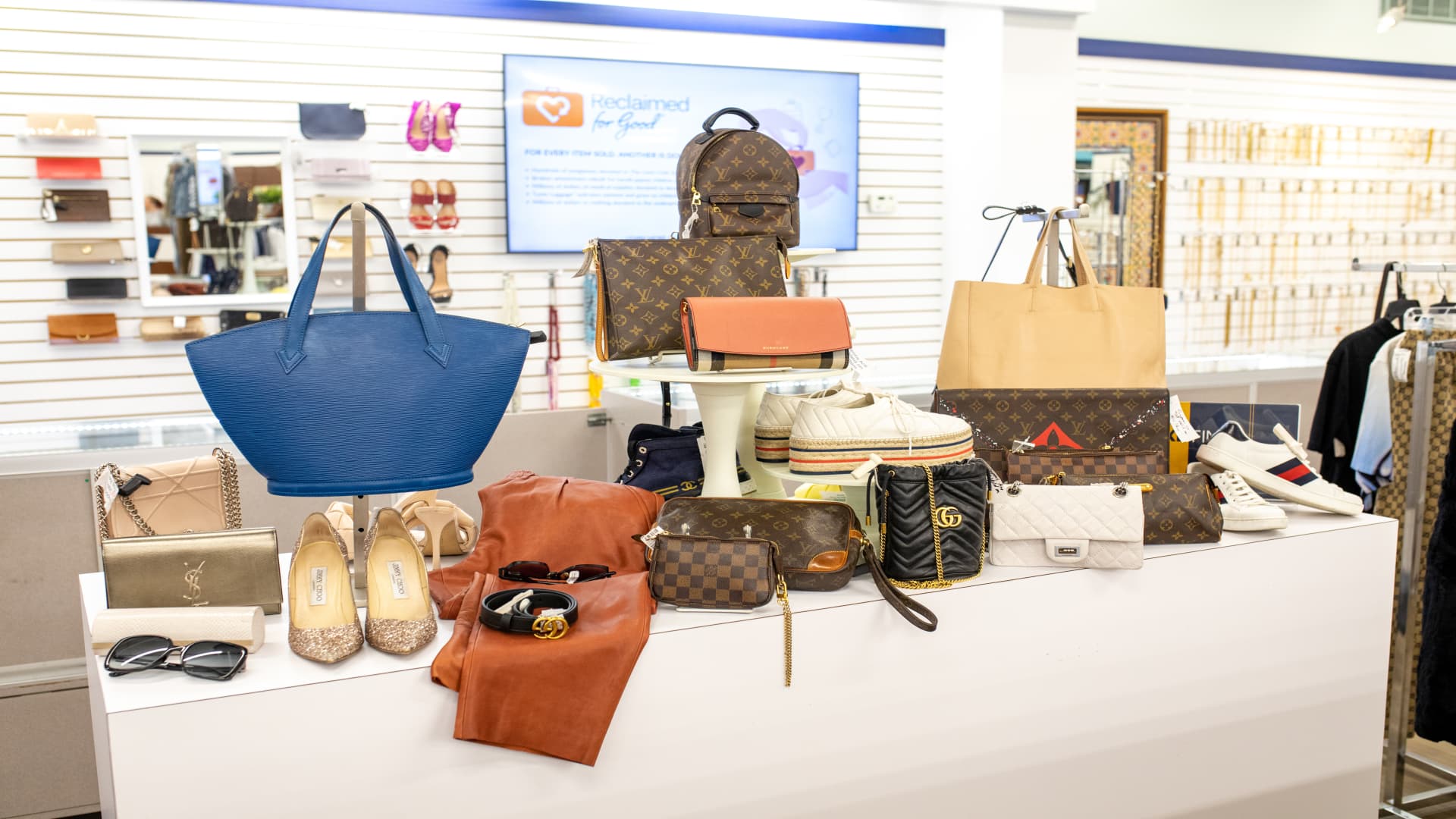 Luxury goods — from brands like Louis Vuitton, Jimmy Choo and Yves Saint Laurent — on sale at Unclaimed Baggage's retail store in Scottsboro, Alabama.