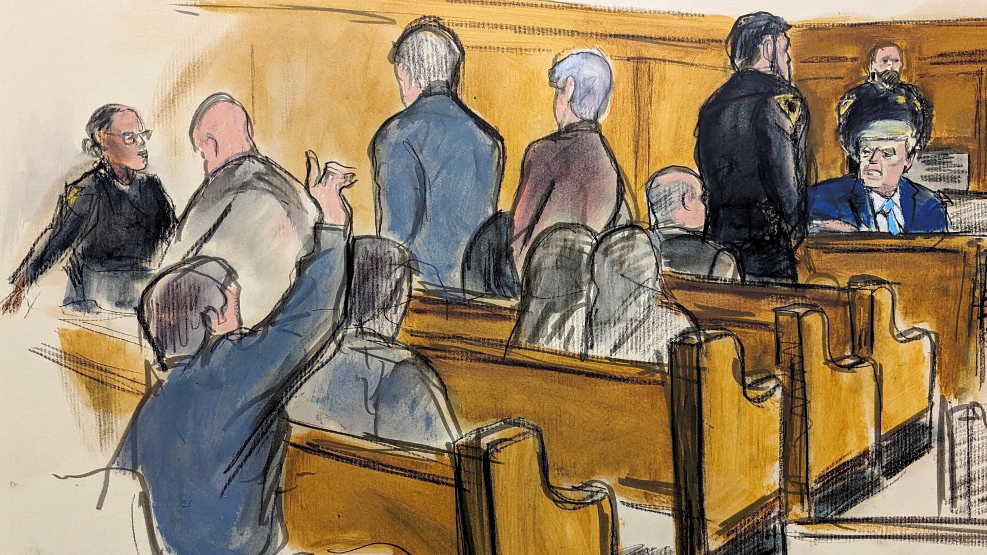 In this courtroom sketch, former President Donald Trump far right, turns around and looks at prospective jurors who raised their hands requesting to be excused from the jury panel in Manhattan Criminal Court, Thursday, April 18, 2024, in New York. 