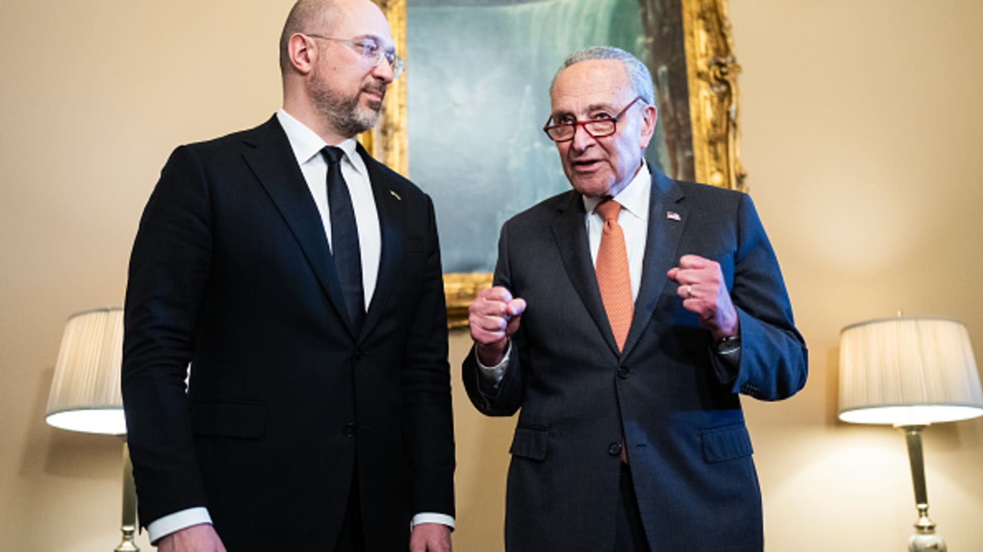 Ukrainian Prime Minister Denys Shmyhal, left, and Senate Majority Leader Charles Schumer, D-N.Y., conduct a photo op before a meeting in the U.S. Capitol on Thursday, April 18, 2024. 