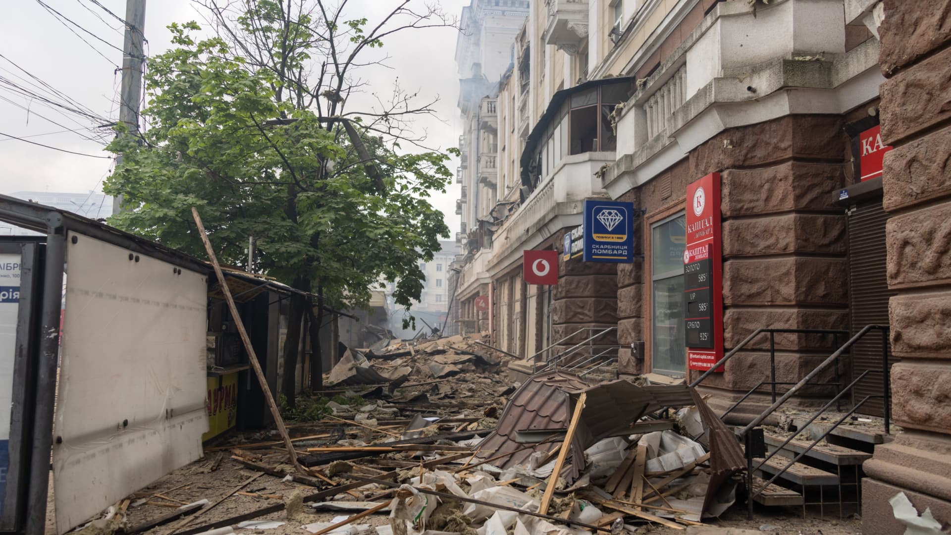 A view of the street filled with rubbles of partially destroyed building after a Russian missile strike as at least 7 were killed, 28 injured in the attack Ukrainian Ministry of Internal Affairs said, in Dnipro, Ukraine on April 19, 2024.