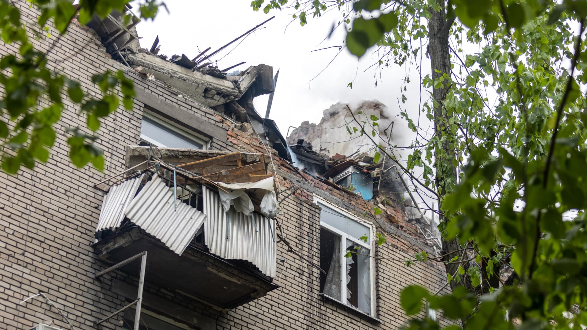 A view of a partially destroyed building after a Russian missile strike as at least 7 were killed, 28 injured in the attack Ukrainian Ministry of Internal Affairs said, in Dnipro, Ukraine on April 19, 2024.