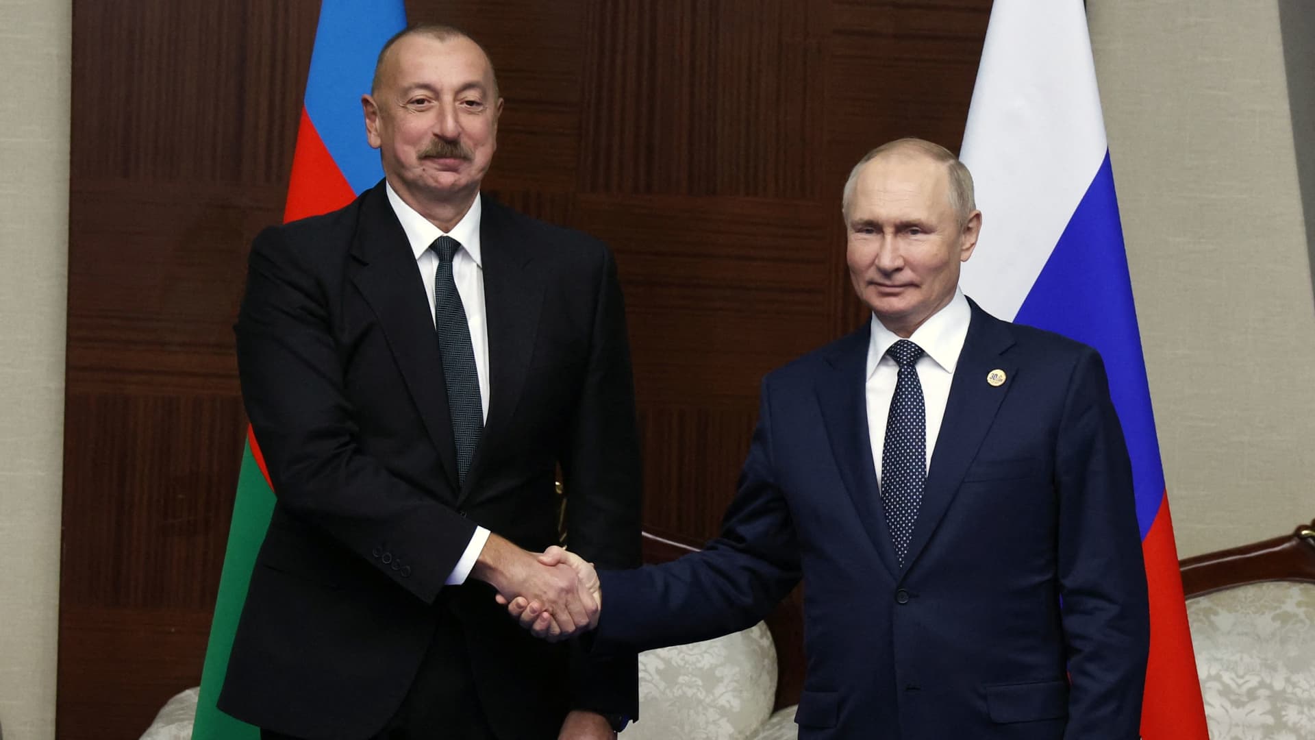 Russian President Vladimir Putin meets with Azeri President Ilham Aliyev on the sidelines of the Sixth Summit of the Conference on Interaction and Confidence Building Measures in Asia (CICA) in Astana on October 13, 2022.
