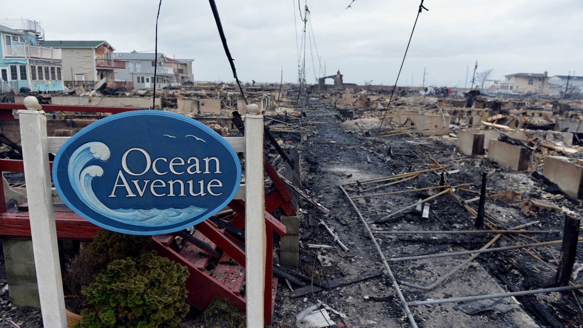 Damage is seen in the Breezy Point area of Queens in New York on October 30, 2012 after fire destroyed about 80 homes as a result of Hurricane Sandy which hit the area on October 29.