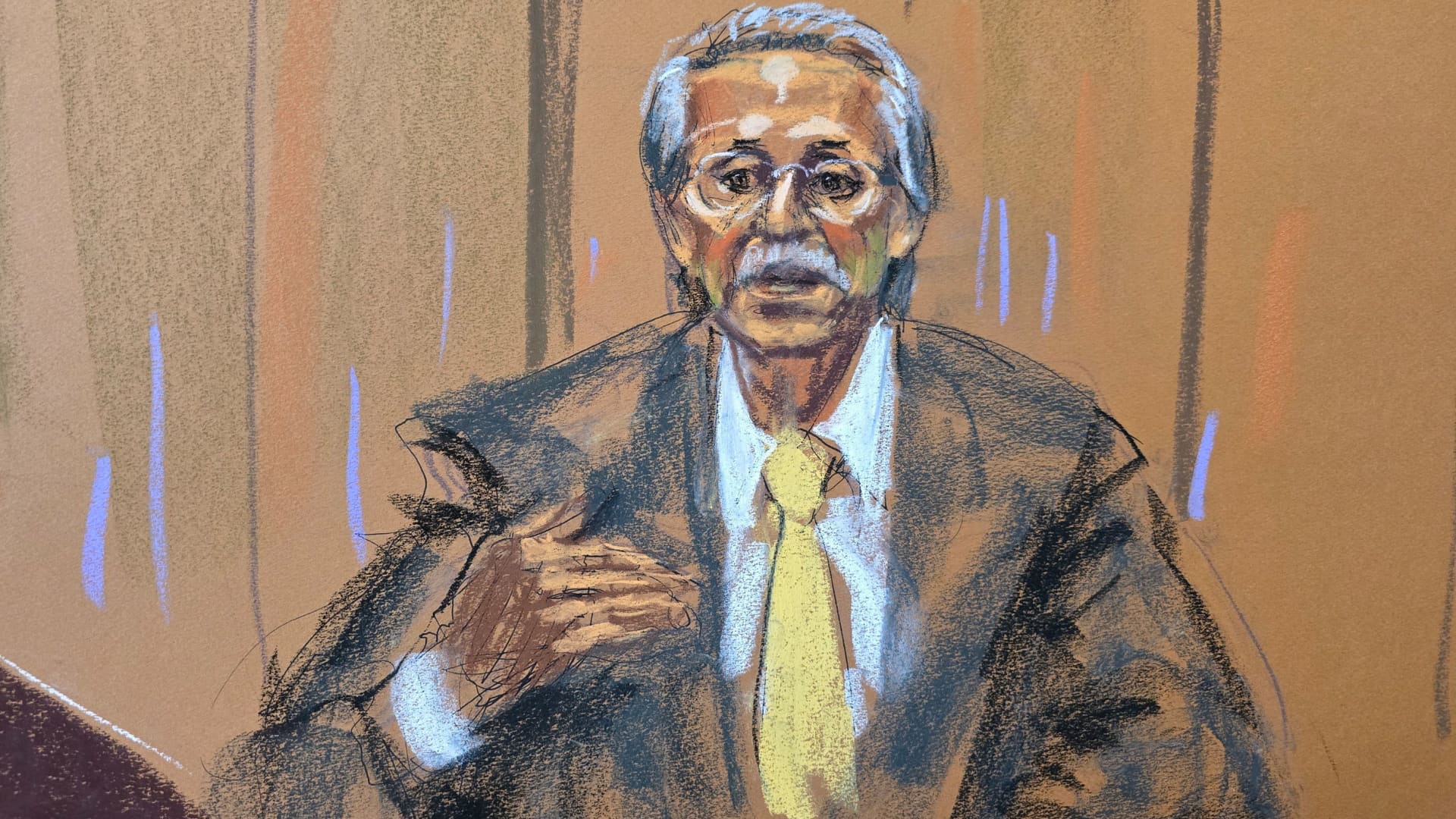 Former National Enquirer publisher David Pecker speaks from the witness stand during former U.S. President Donald Trump's criminal trial on charges that he falsified business records to conceal money paid to silence porn star Stormy Daniels in 2016, in Manhattan state court in New York City, U.S. April 22, 2024 in this courtroom sketch. 