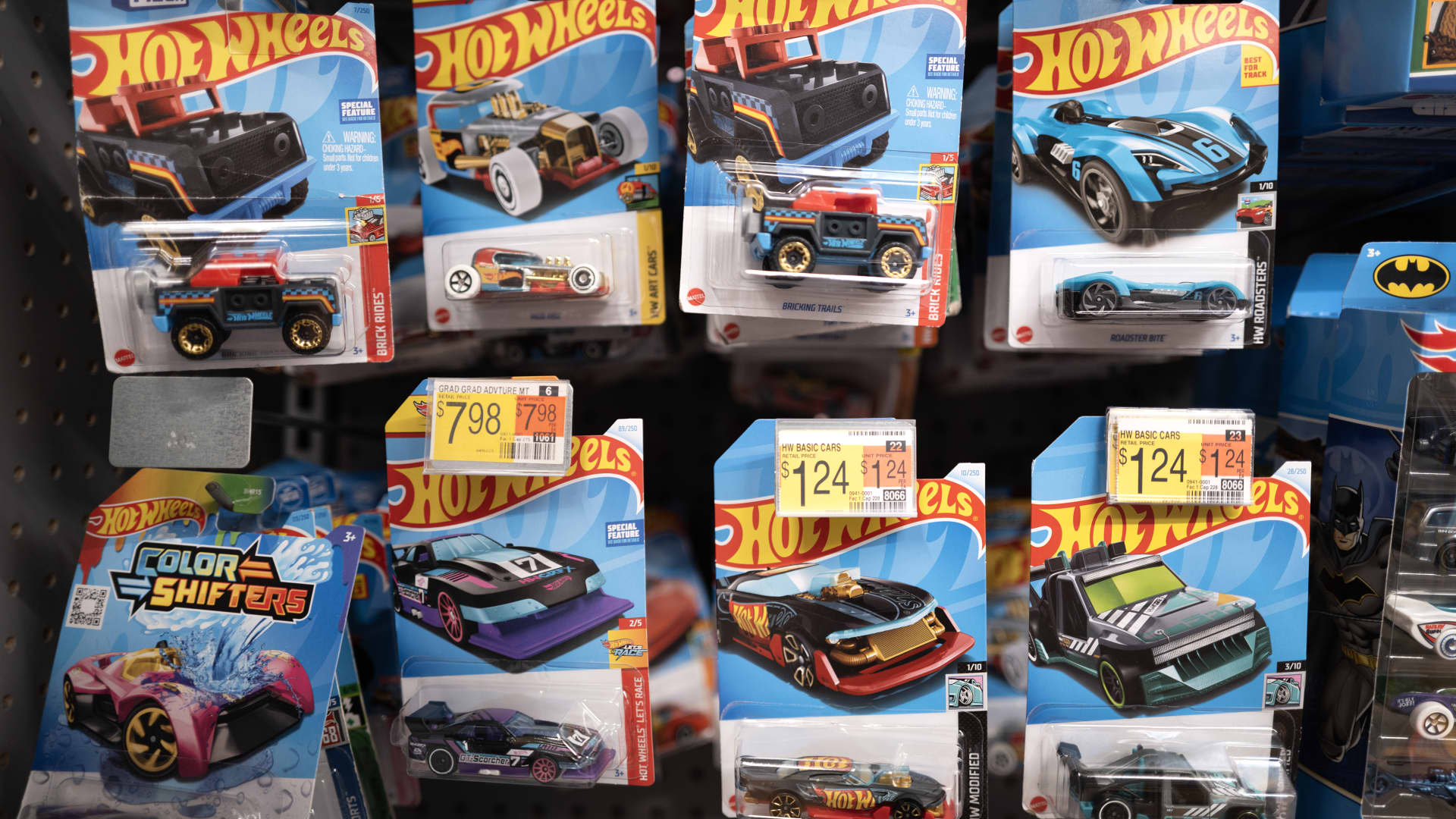 Hot Wheels cars by Mattel are offered for sale at a big-box store in Chicago on April 23, 2024.
