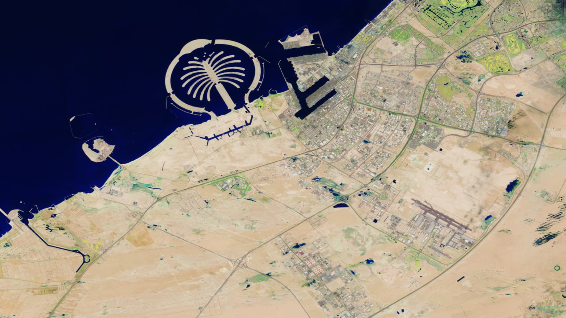 Satellite photo of part of Dubai on April 3, taken by Landsat 9, an earth observation satellite operated by a partnership between the U.S. Geological Survey (USGS) and the National Aeronautics and Space Administration (NASA).