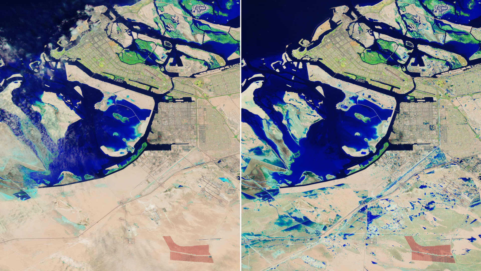 Landsat 9 images show United Arab Emirates capital Abu Dhabi and surrounding area on April 3 (left) and April 19 (right), before and after the storms. On April 19, water can be seen covering the Sheikh Zayed Road, a major thoroughfare that runs through Dubai and Abu Dhabi. Patches of flooded areas are also visible in Khalifa City and Zayed City, residential areas southeast of Abu Dhabi's downtown.