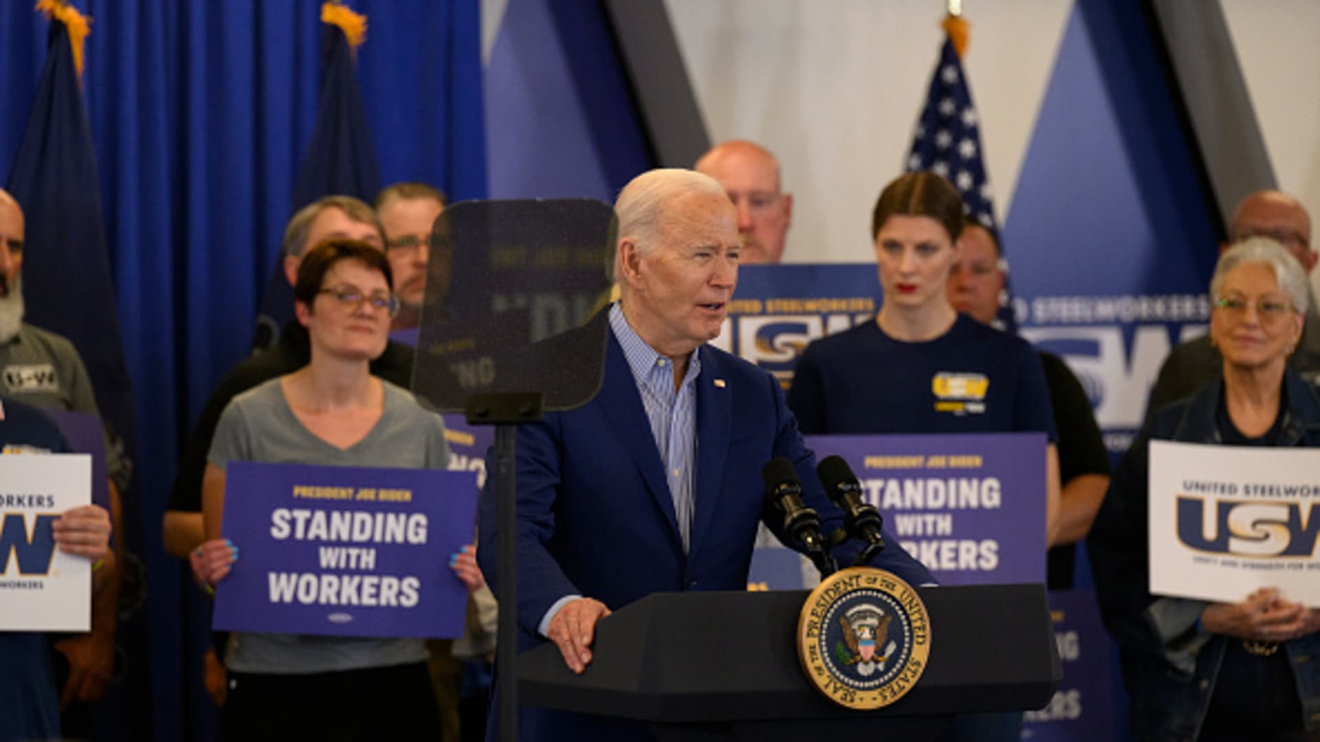 President Joe Biden speaks to members of the United Steel Workers Union at the United Steel Workers Headquarters on April 17, 2024 in Pittsburgh, Pennsylvania. Biden announced new actions to protect American steel and shipbuilding industries including hiking tariffs on Chinese steel. 