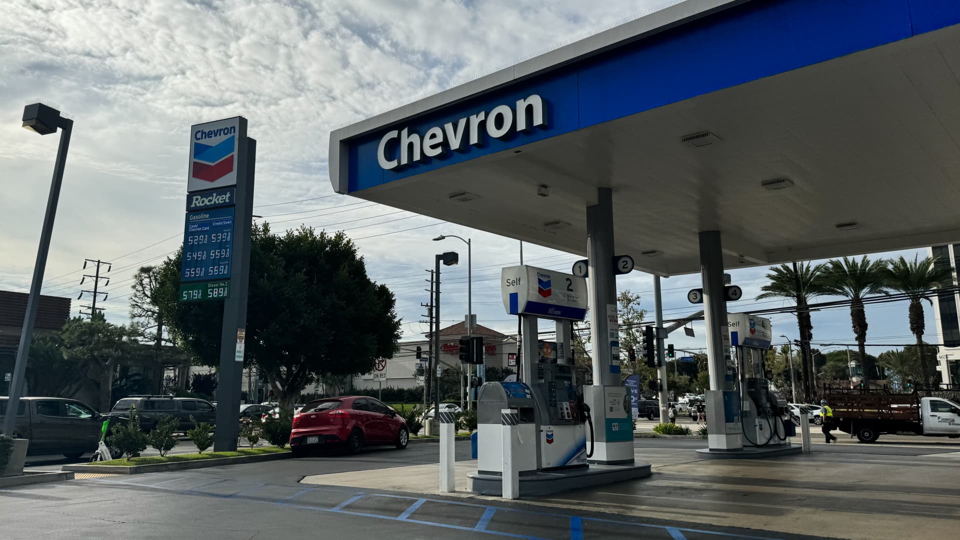 The Chevron logo is seen at a gas station in Los Angeles.
