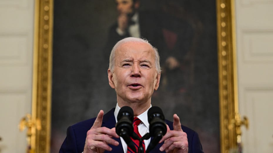 US President Joe Biden speaks after signing the foreign aid bill at the White House in Washington, D.C., on April 24, 2024. The $95 billion package of assistance to Ukraine, Israel and Taiwan also provides needed humanitarian assistance to Gaza, Sudan and Haiti, and a measure to ban TikTok in the US. 