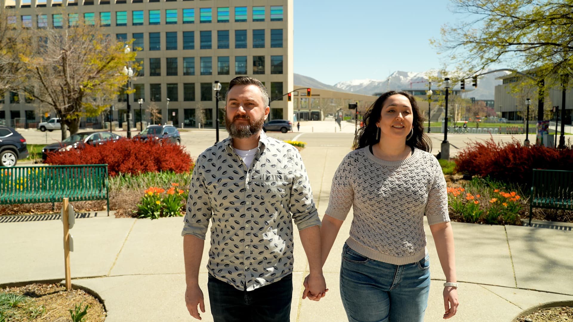 Mari Murdock walking in Salt Lake City with her husband, Scott.