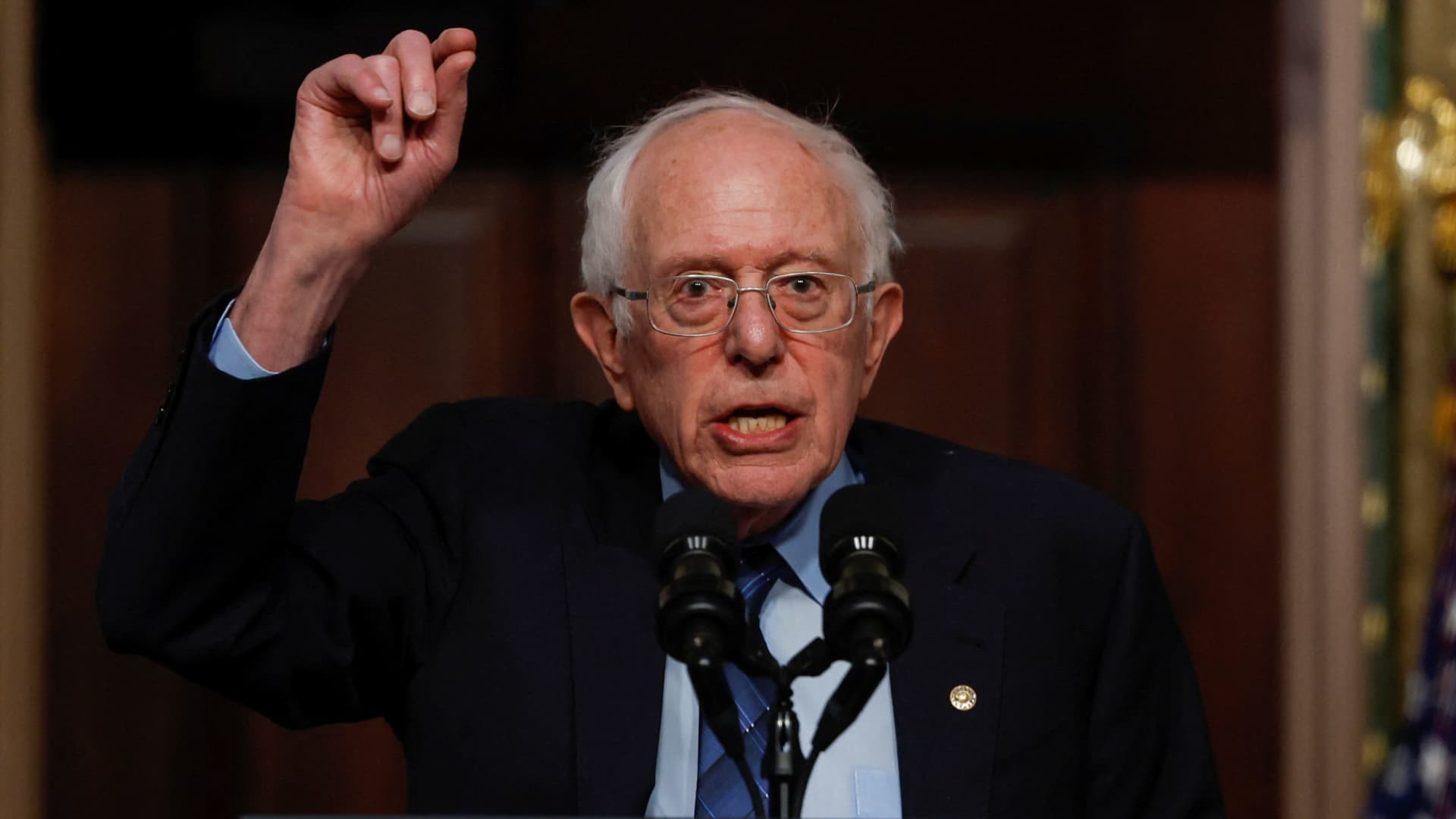 U.S. Senator Bernie Sanders (I-VT) gestures while delivering remarks on lowering healthcare costs, in the Indian Treaty Room of the Eisenhower Executive Office building, at the White House complex in Washington, U.S., April, 3, 2024. 