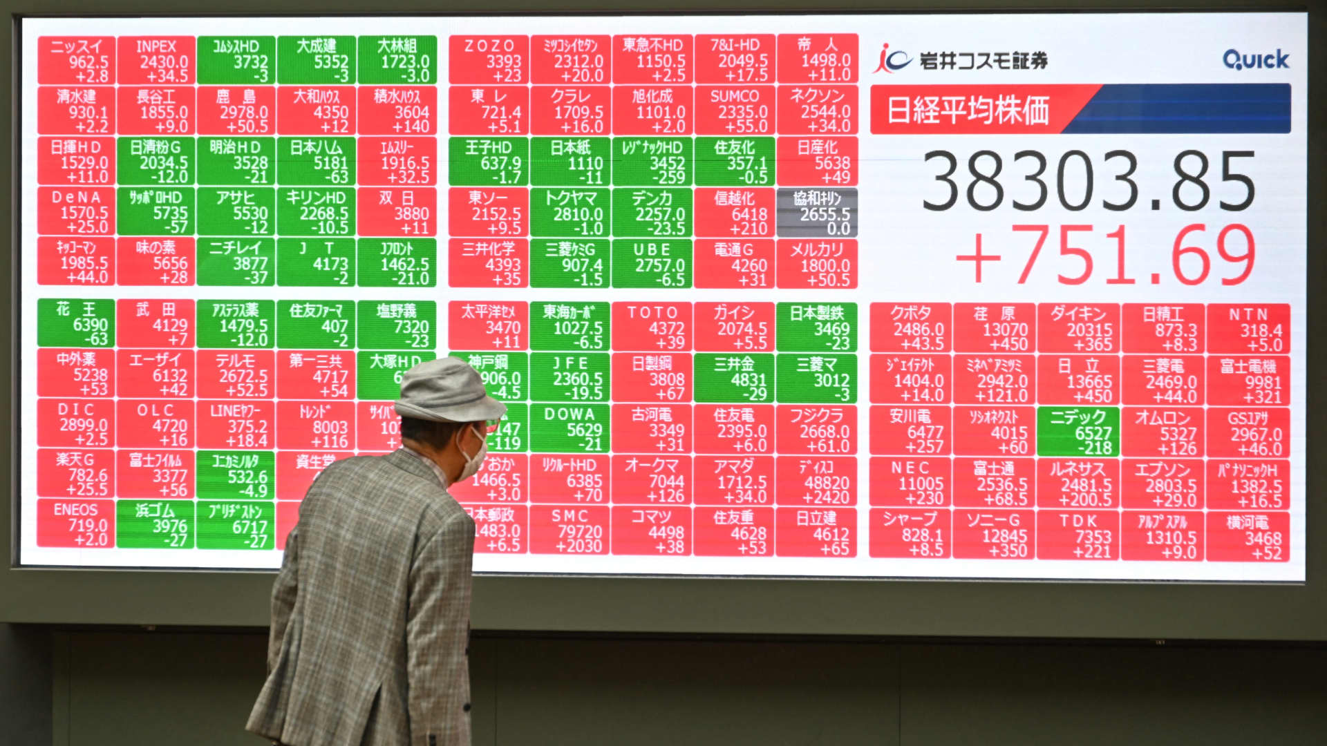 A man looks at an electronic board displaying stock prices of Nikkei 225 listed on the Tokyo Stock Exchange along a street in Tokyo on April 24, 2024.