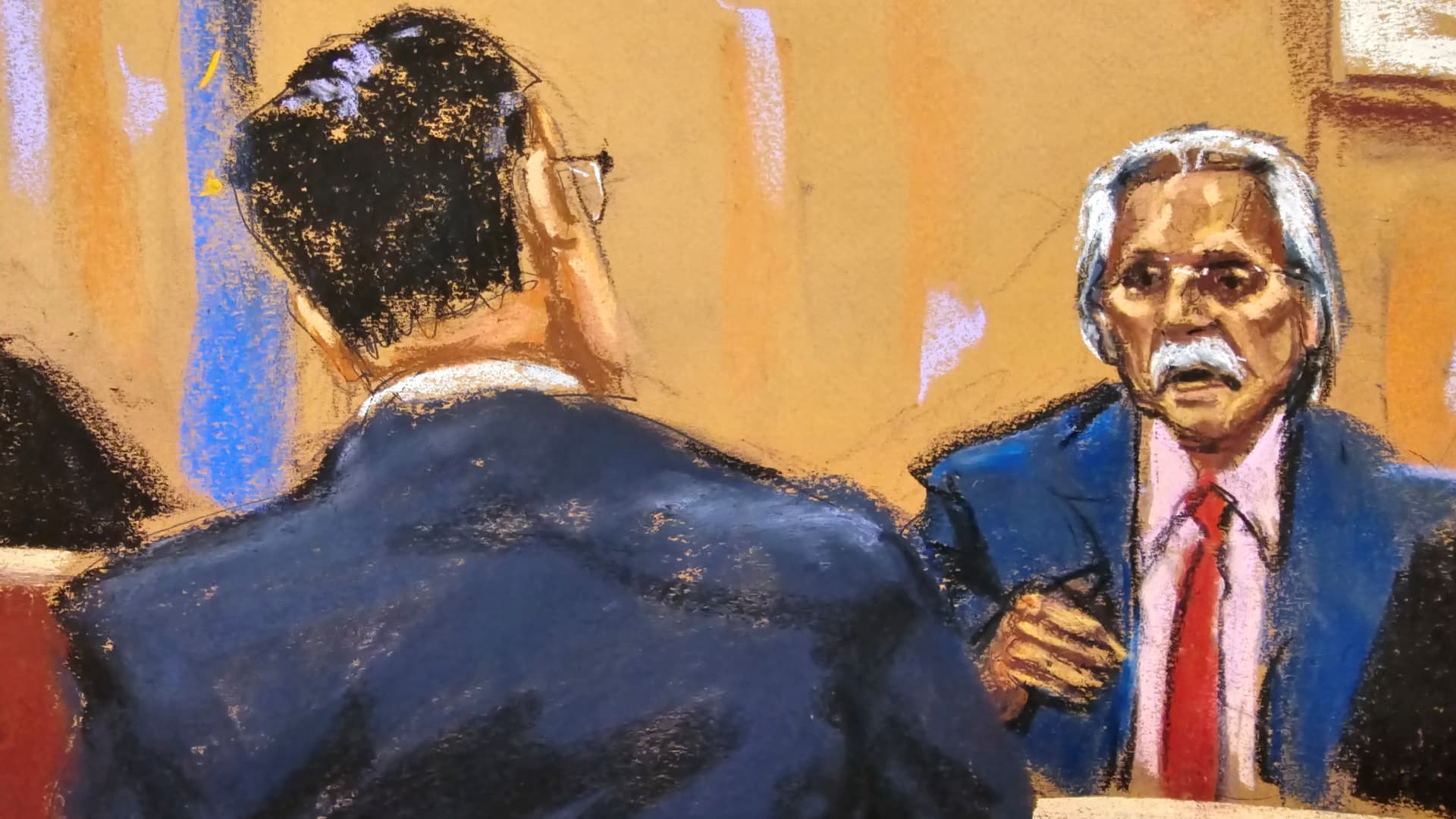 Prosecutor Joshua Steinglass questions David Pecker during former U.S. President Donald Trump's criminal trial on charges that he falsified business records to conceal money paid to silence porn star Stormy Daniels in 2016, in Manhattan state court in New York City, U.S. April 25, 2024 in this courtroom sketch. 