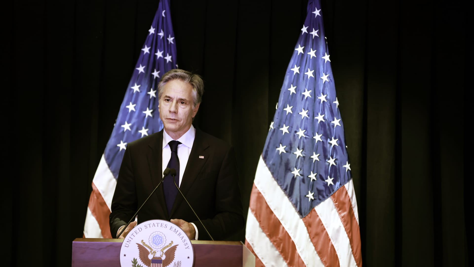 U.S. Secretary of State Antony Blinken answers questions during a press conference at the US Embassy in China on April 26, 2024 in Beijing, China.