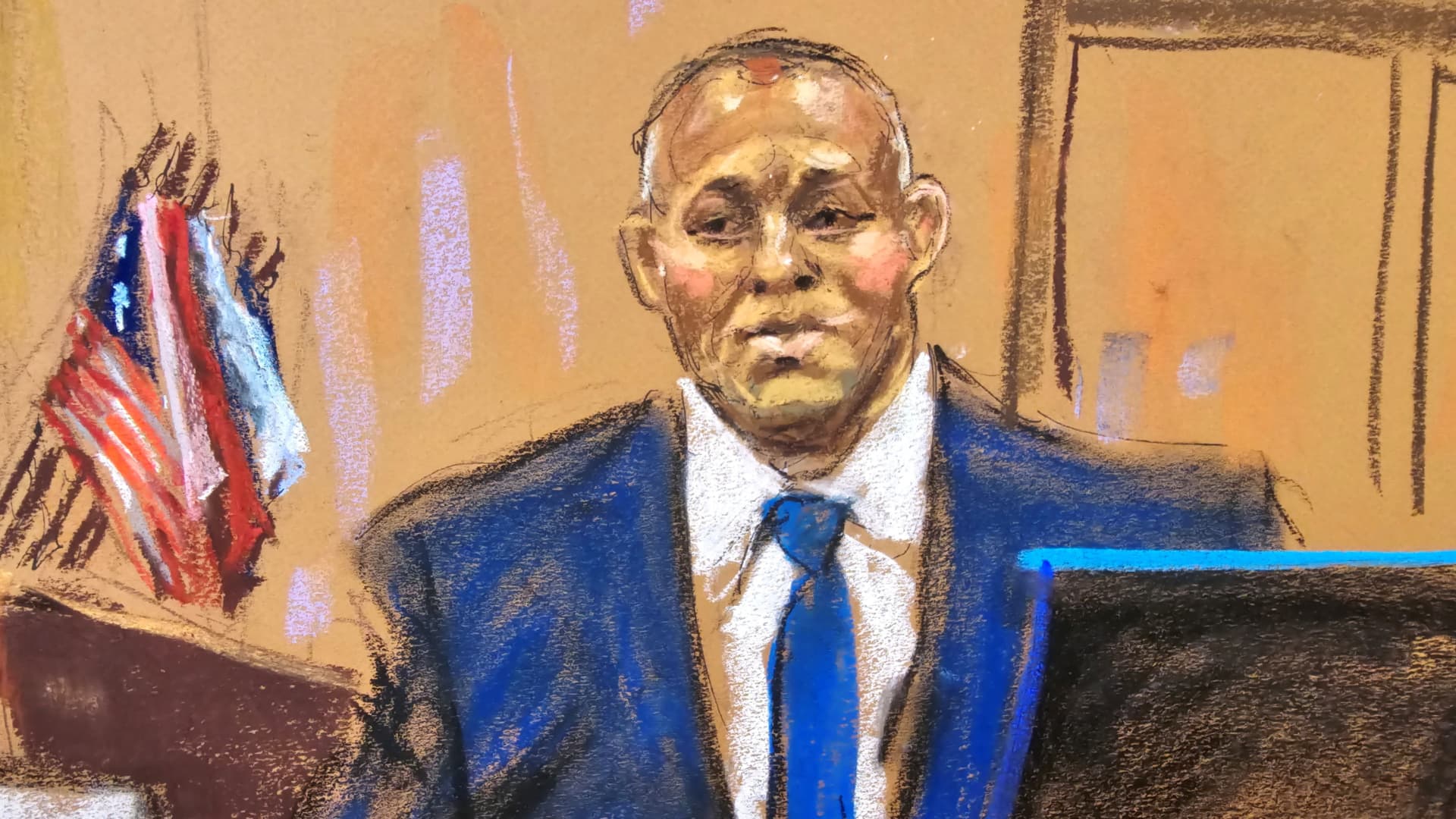 Gary Farro testifies during former U.S. President Donald Trump's criminal trial on charges that he falsified business records to conceal money paid to silence porn star Stormy Daniels in 2016, in Manhattan state court in New York City, U.S. April 26, 2024, in this courtroom sketch. 