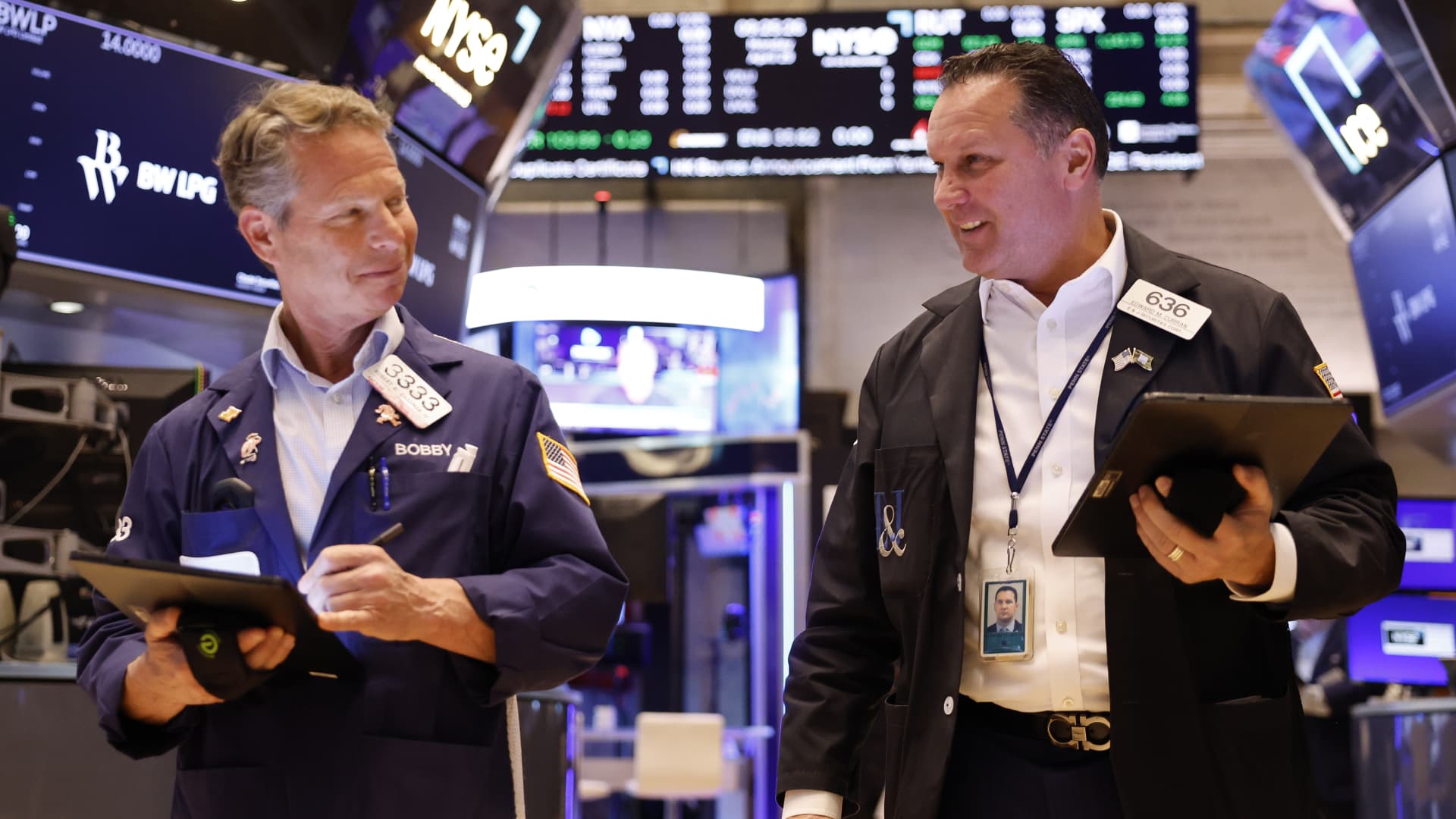 Traders work on the floor of the New York Stock Exchange during morning trading on April 29, 2024 in New York City. 