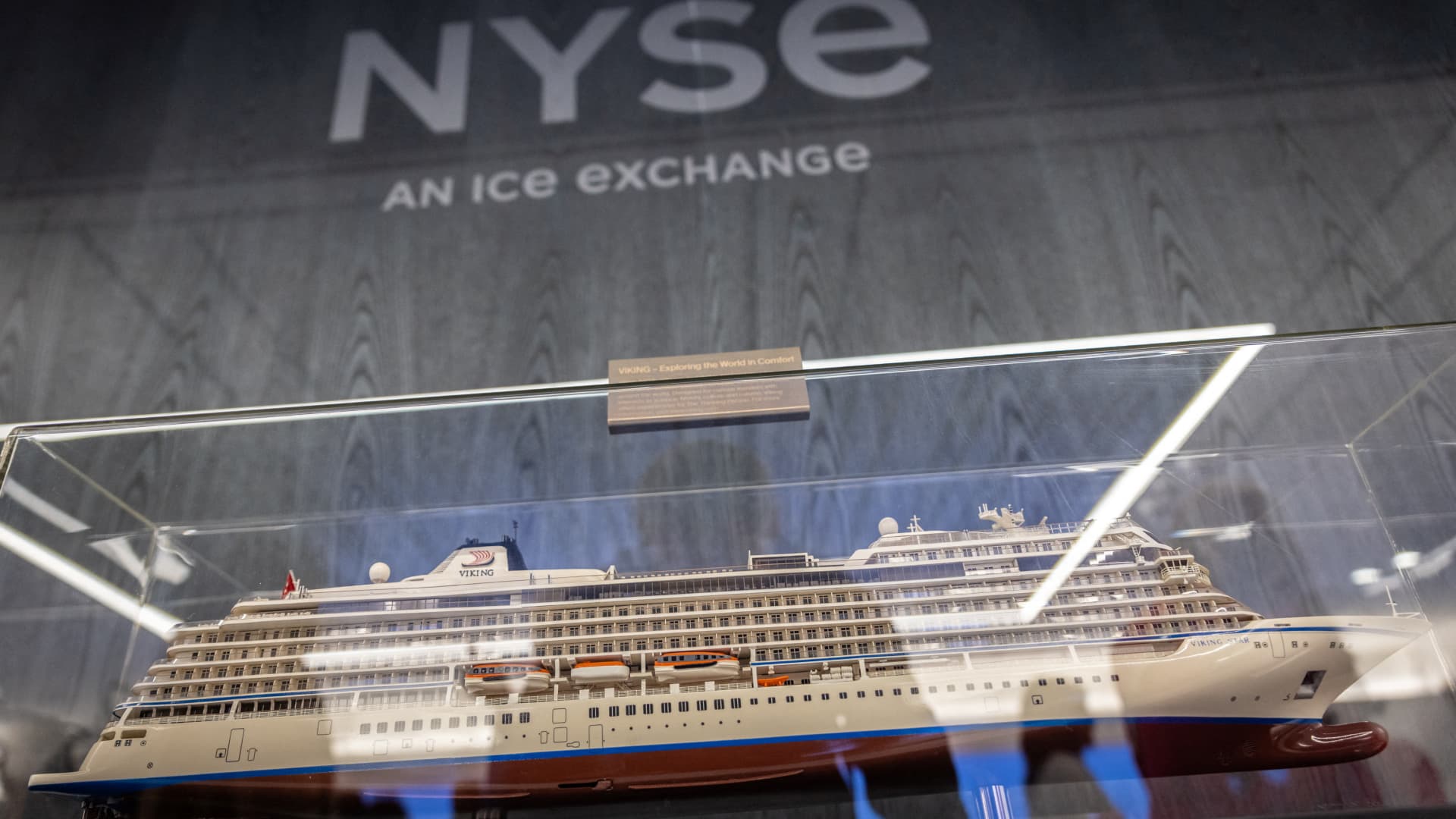 A model of a Viking cruise ship is displayed at the New York Stock Exchange.