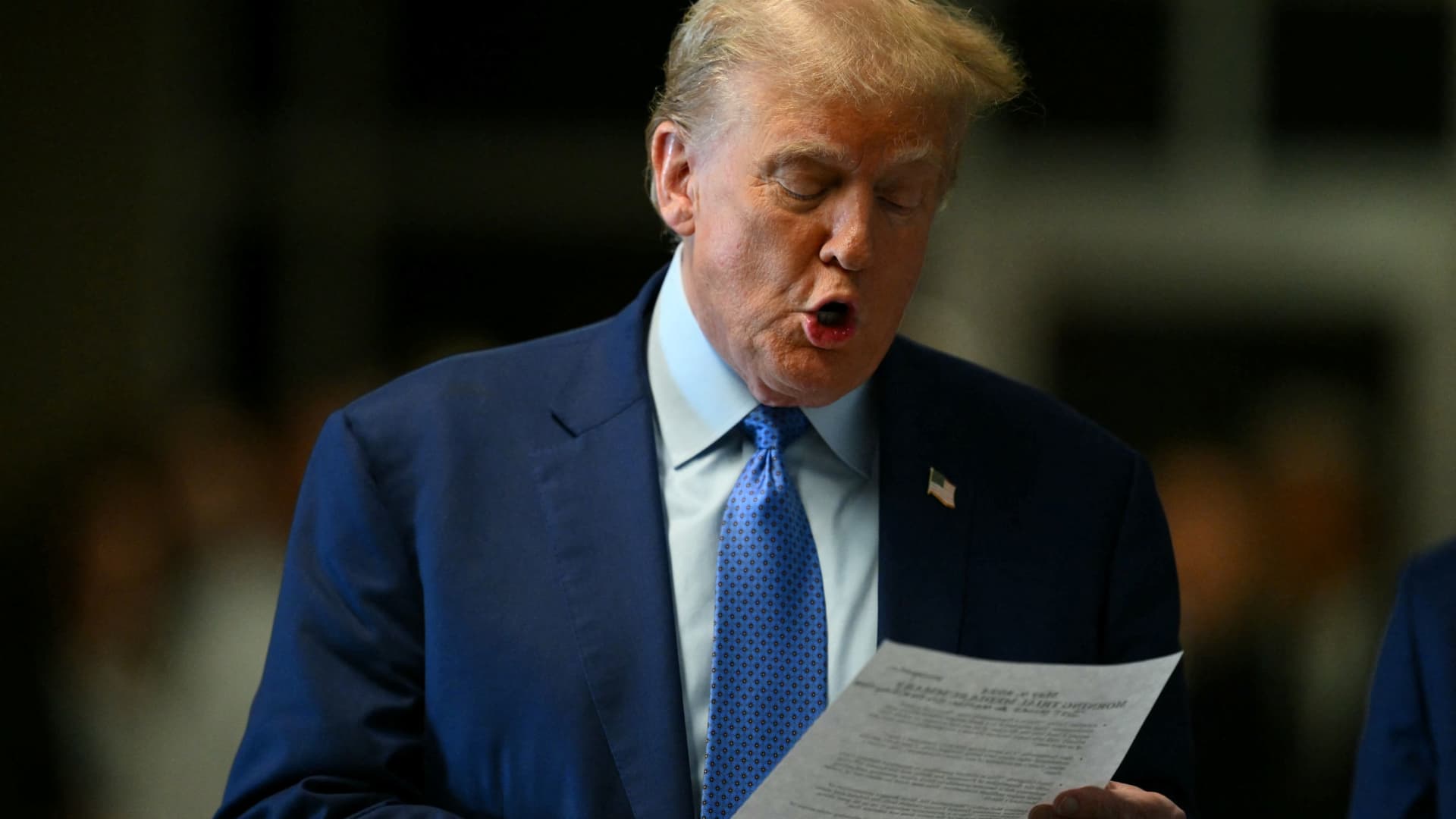Former US President Donald Trump speaks to the press before his trial for allegedly covering up hush money payments linked to extramarital affairs, at Manhattan Criminal Court in New York City, on May 9, 2024.