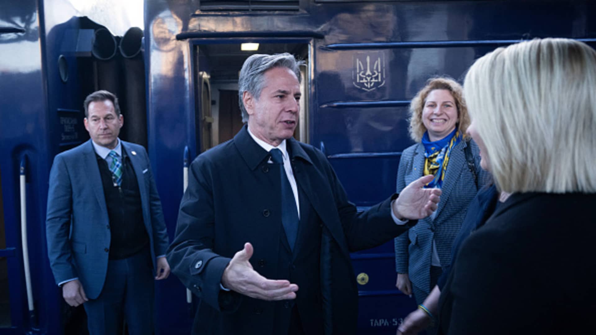 U.S. Secretary of State Antony Blinken is greeted by U.S. Ambassador to Ukraine Bridget A. Brink after arriving by train at Kyiv-Pasazhyrskyi station on May 14, 2024, in Kyiv, Ukraine.